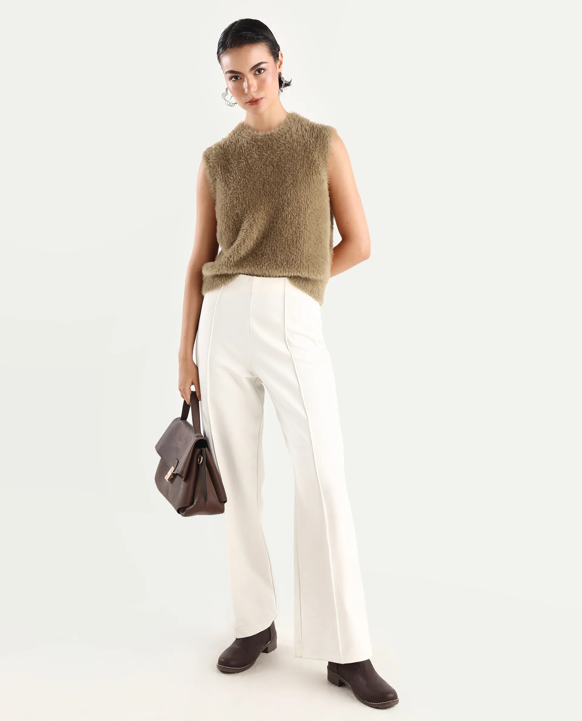 Rareism Women's Sielo Dark Beige Nylon Crew Neck Plain Sleeveless Relaxed Fit Sweater