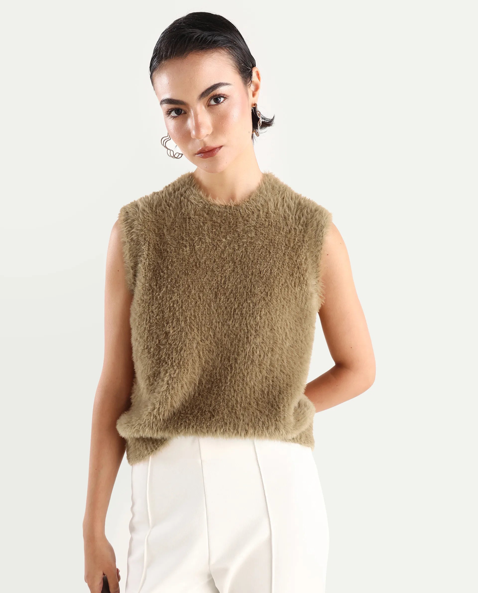 Rareism Women's Sielo Dark Beige Nylon Crew Neck Plain Sleeveless Relaxed Fit Sweater