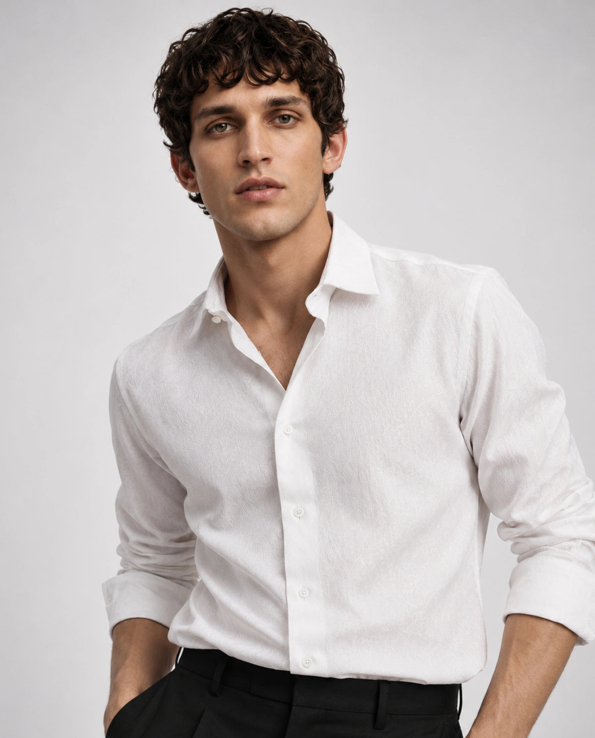 Rare Rabbit Men's Silo White Polyester Blend Spread Collar Regular Jacquard Shirt