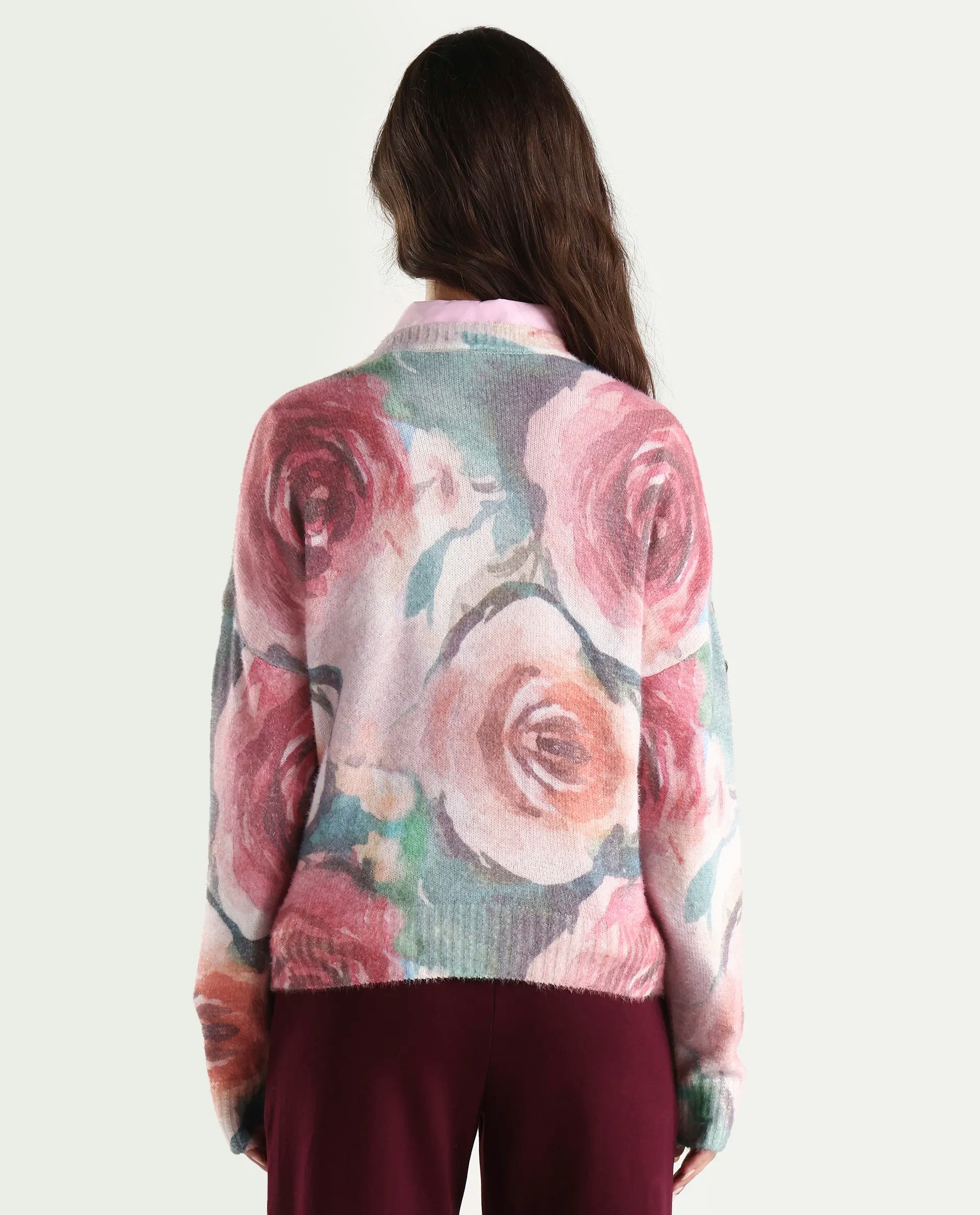 Rareism Women's Siri Dusky Multi Acrylic Blend High Neck Relaxed Fit Sweater