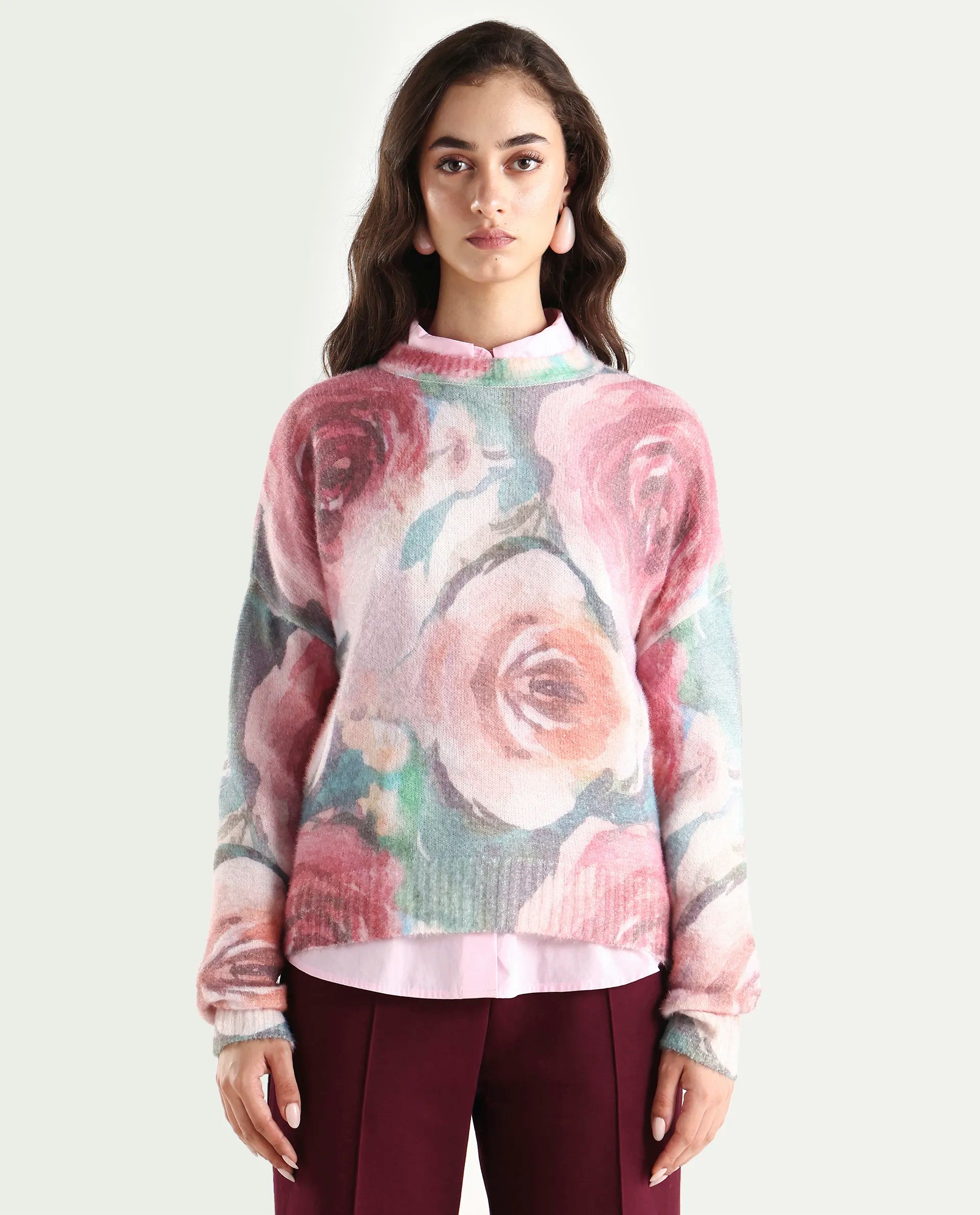 Rareism Women's Siri Dusky Multi Acrylic Blend High Neck Relaxed Fit Sweater