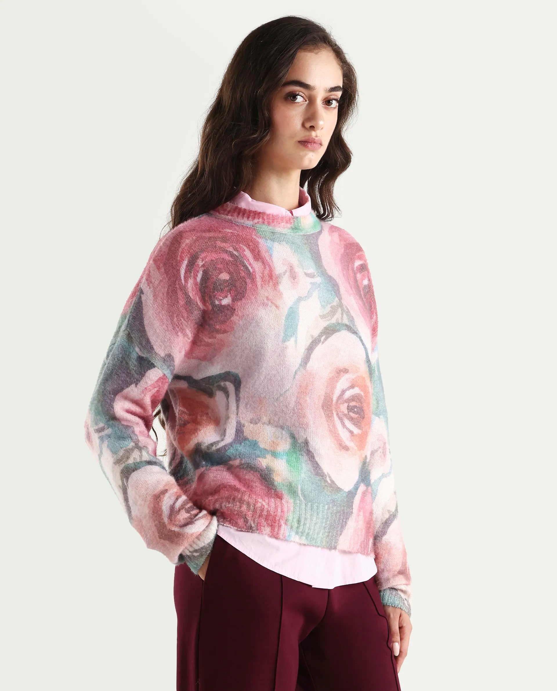 Rareism Women's Siri Dusky Multi Acrylic Blend High Neck Relaxed Fit Sweater
