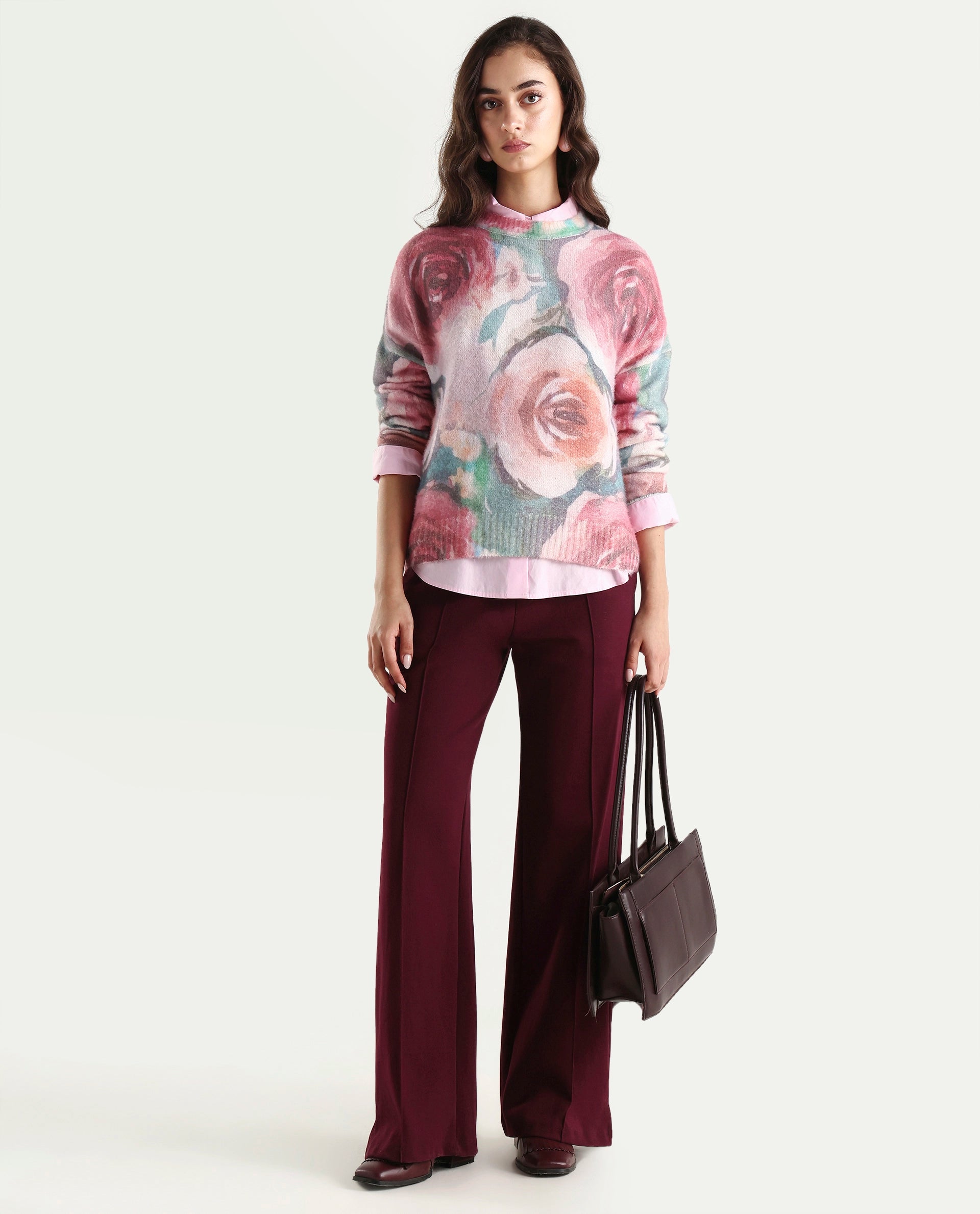 Rareism Women's Siri Dusky Multi Acrylic Blend High Neck Relaxed Fit Sweater