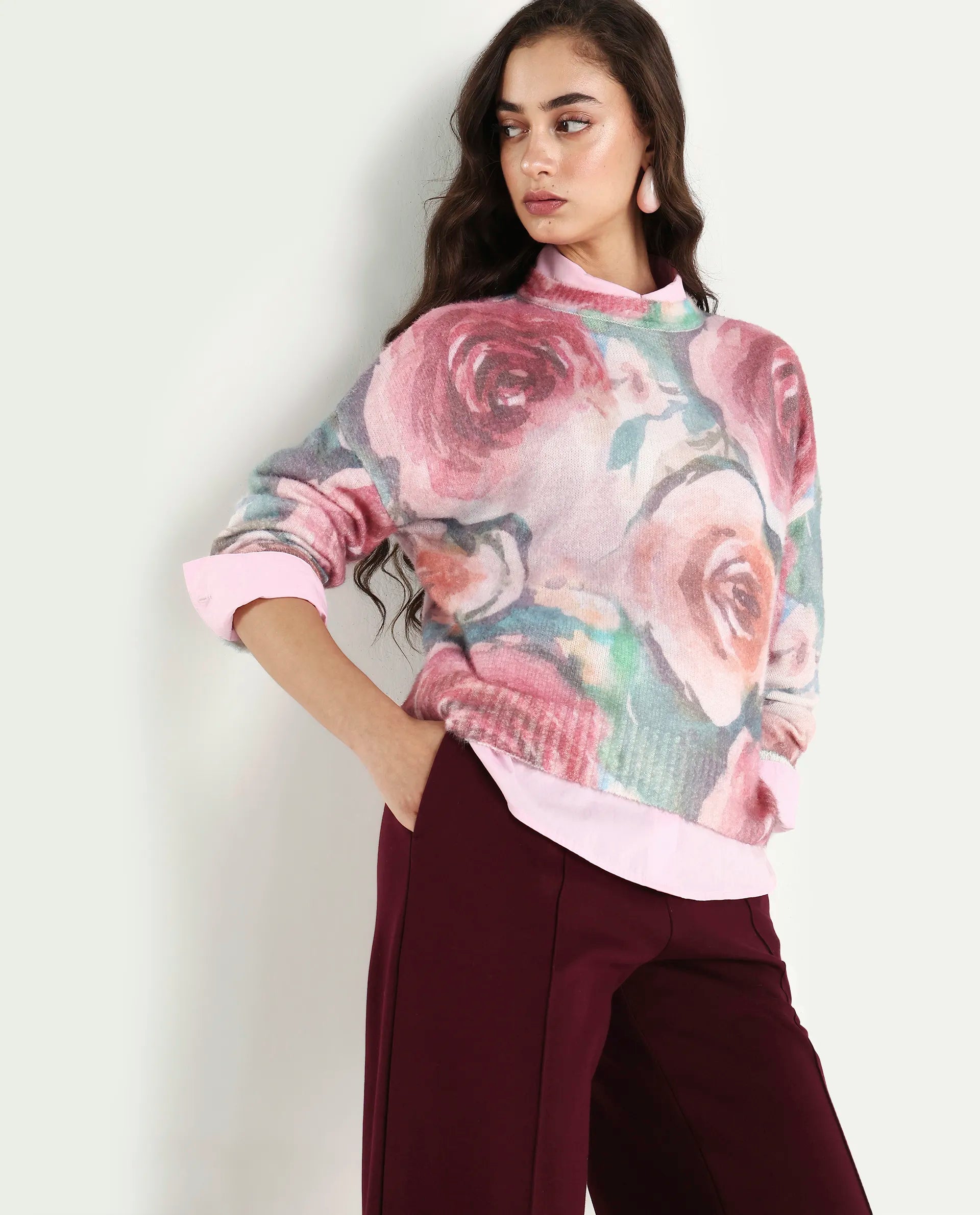Rareism Women's Siri Dusky Multi Acrylic Blend High Neck Relaxed Fit Sweater
