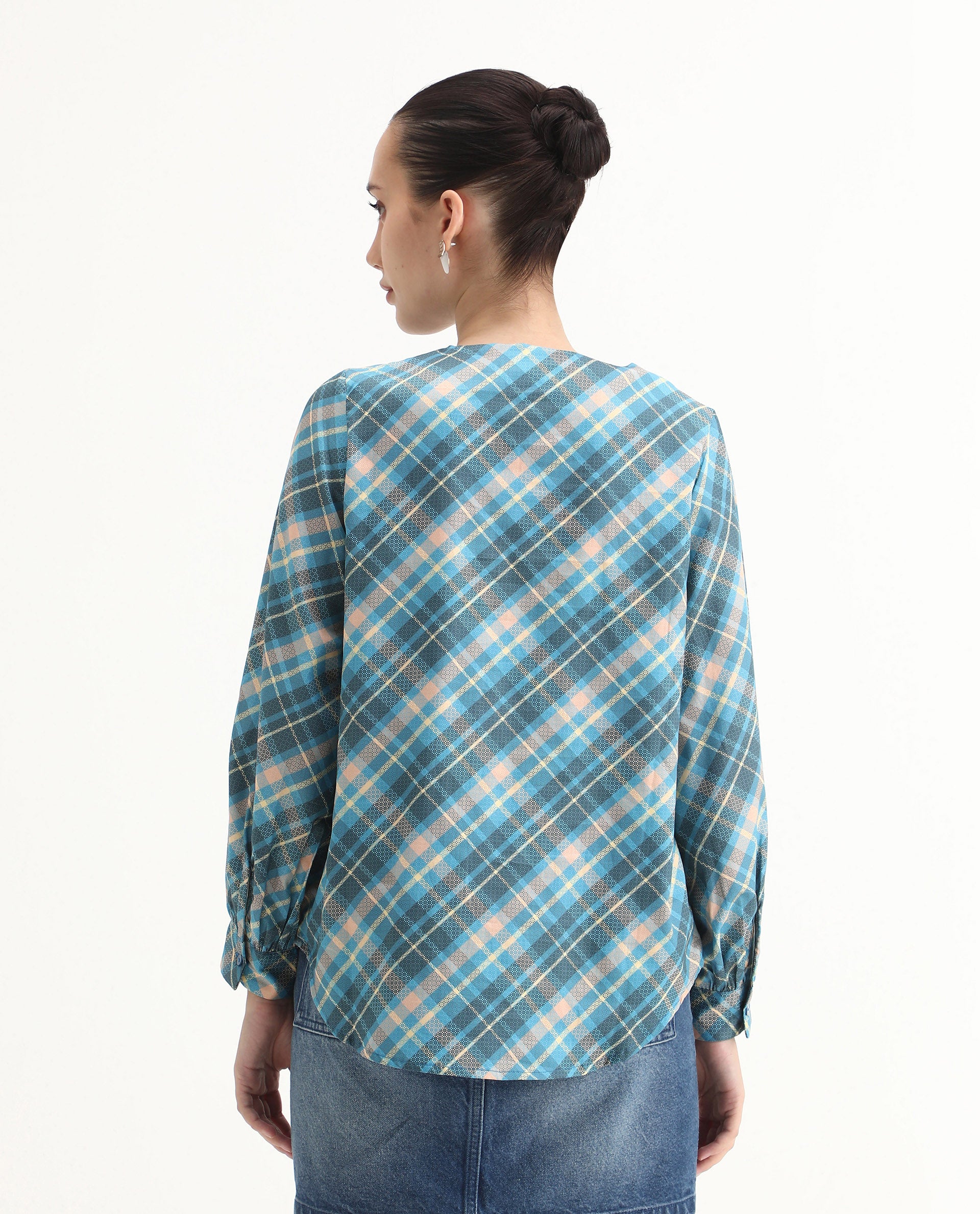 Rareism Women's Sirkolo Blue Cotton Blend Mandarin Collar Flannel Print Bishop Sleeve Regular Fit Shirt