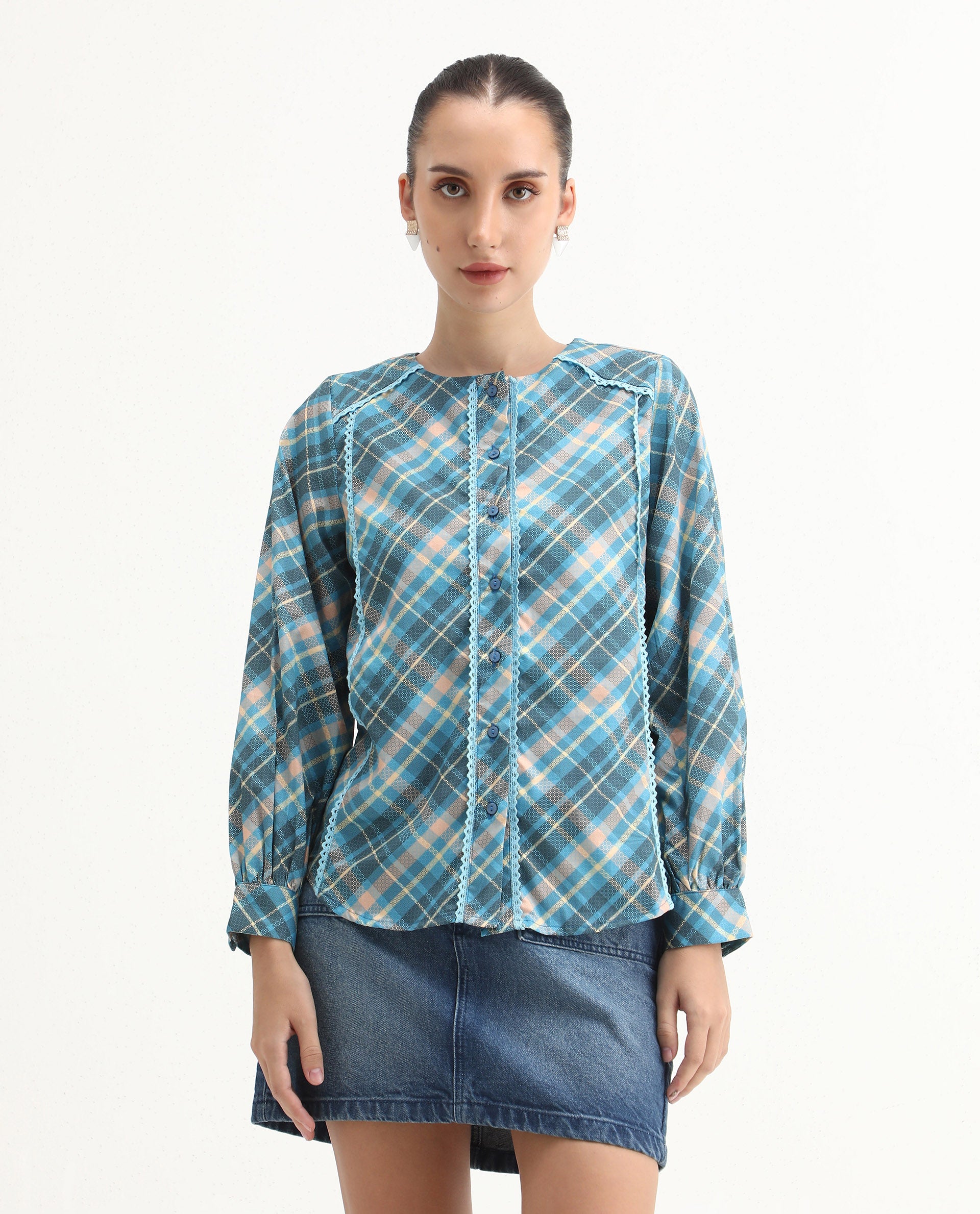 Rareism Women's Sirkolo Blue Cotton Blend Mandarin Collar Flannel Print Bishop Sleeve Regular Fit Shirt