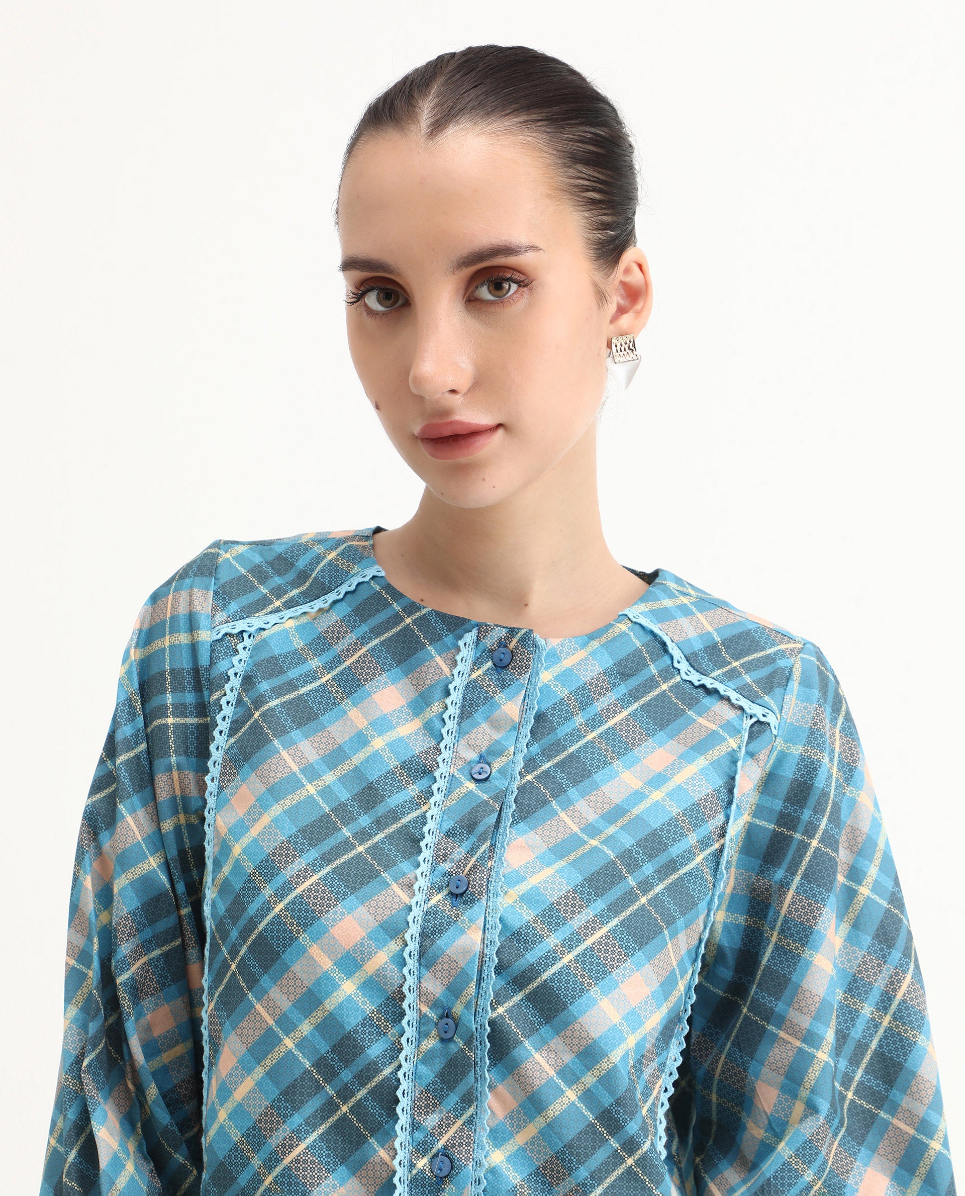 Rareism Women's Sirkolo Blue Cotton Blend Mandarin Collar Flannel Print Bishop Sleeve Regular Fit Shirt