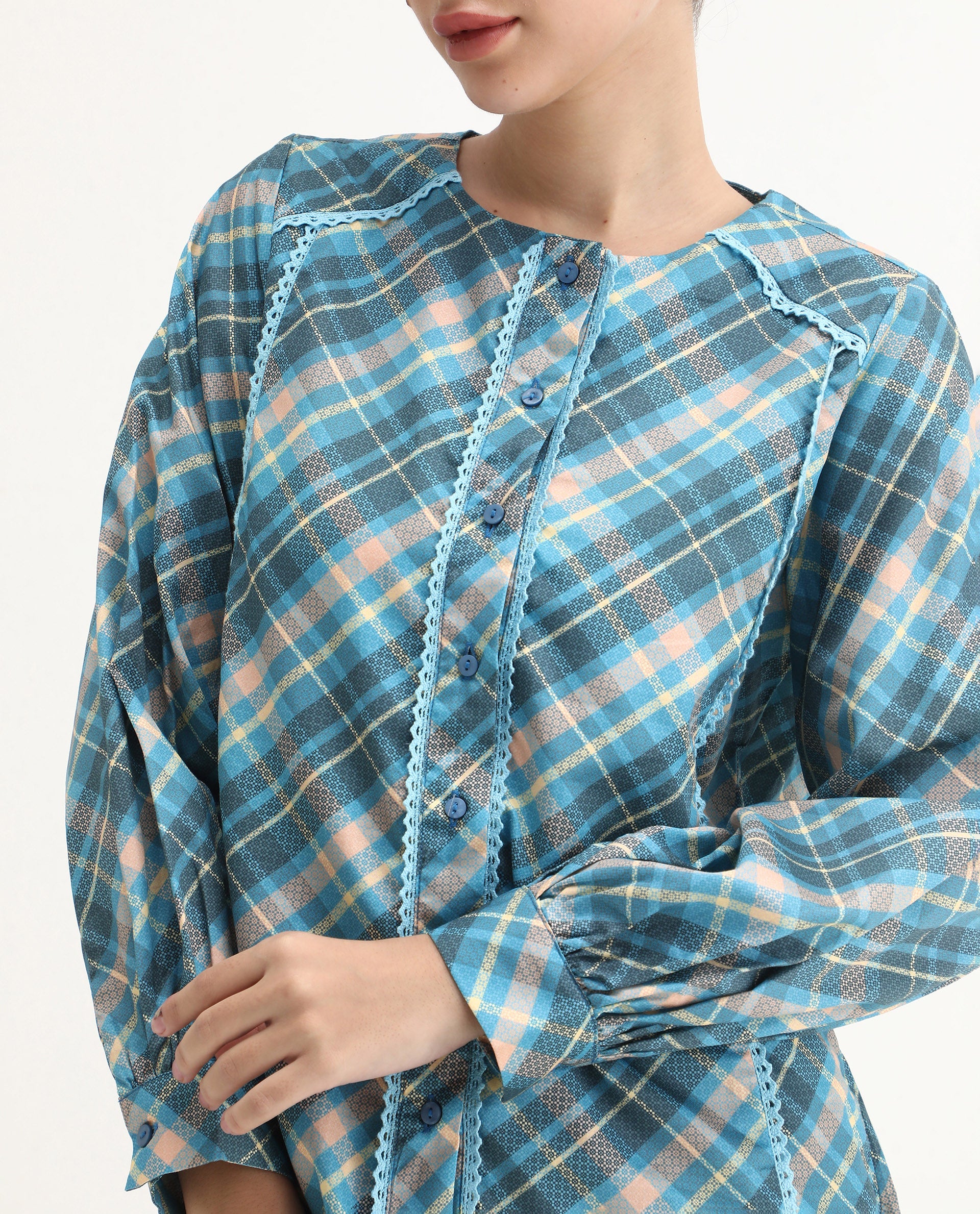 Rareism Women's Sirkolo Blue Cotton Blend Mandarin Collar Flannel Print Bishop Sleeve Regular Fit Shirt