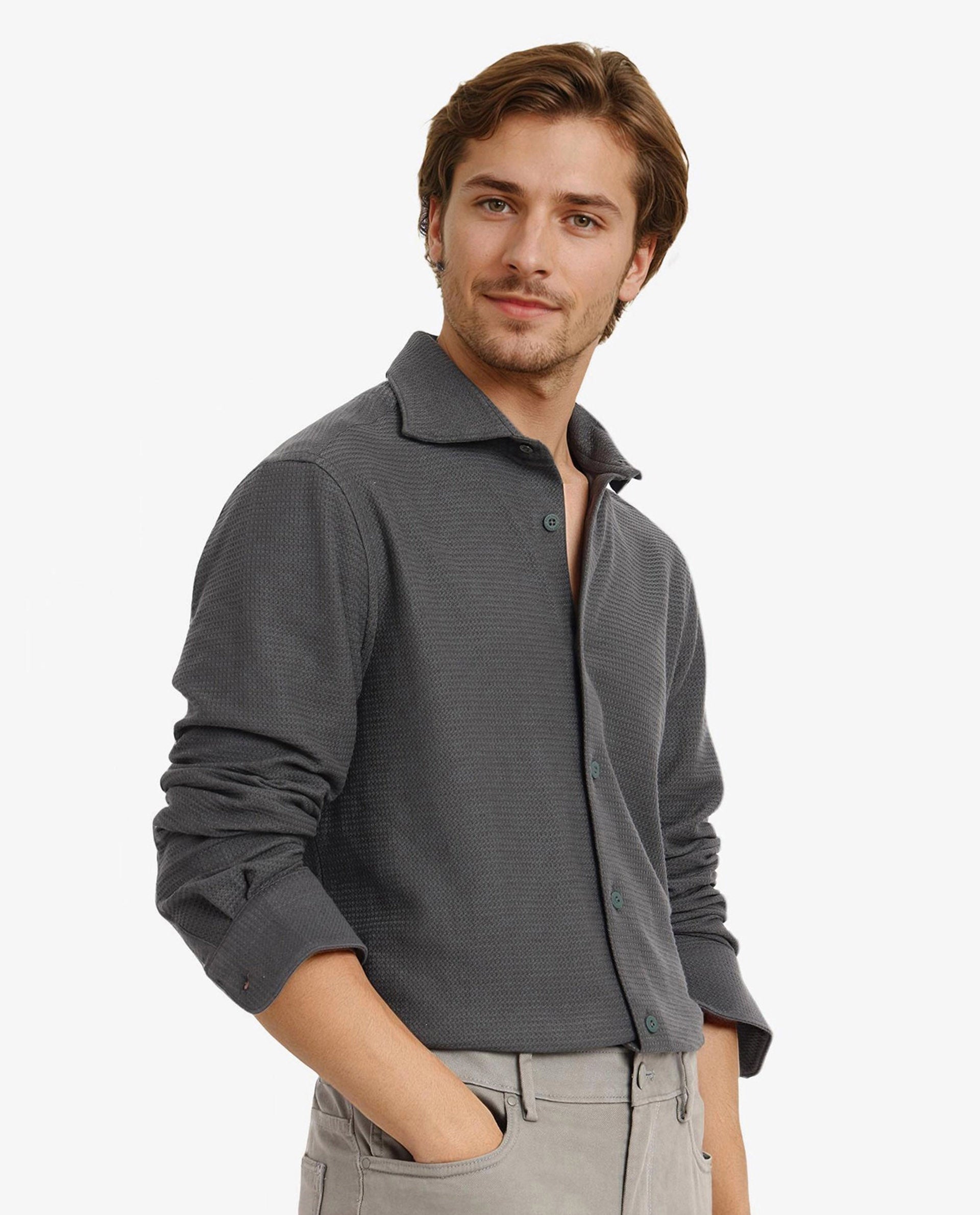 Rare Rabbit Men Site Ls Dark Green Full Sleeve Regular Collar Button Closure Regular Fit Textured Knit Solid Shirt