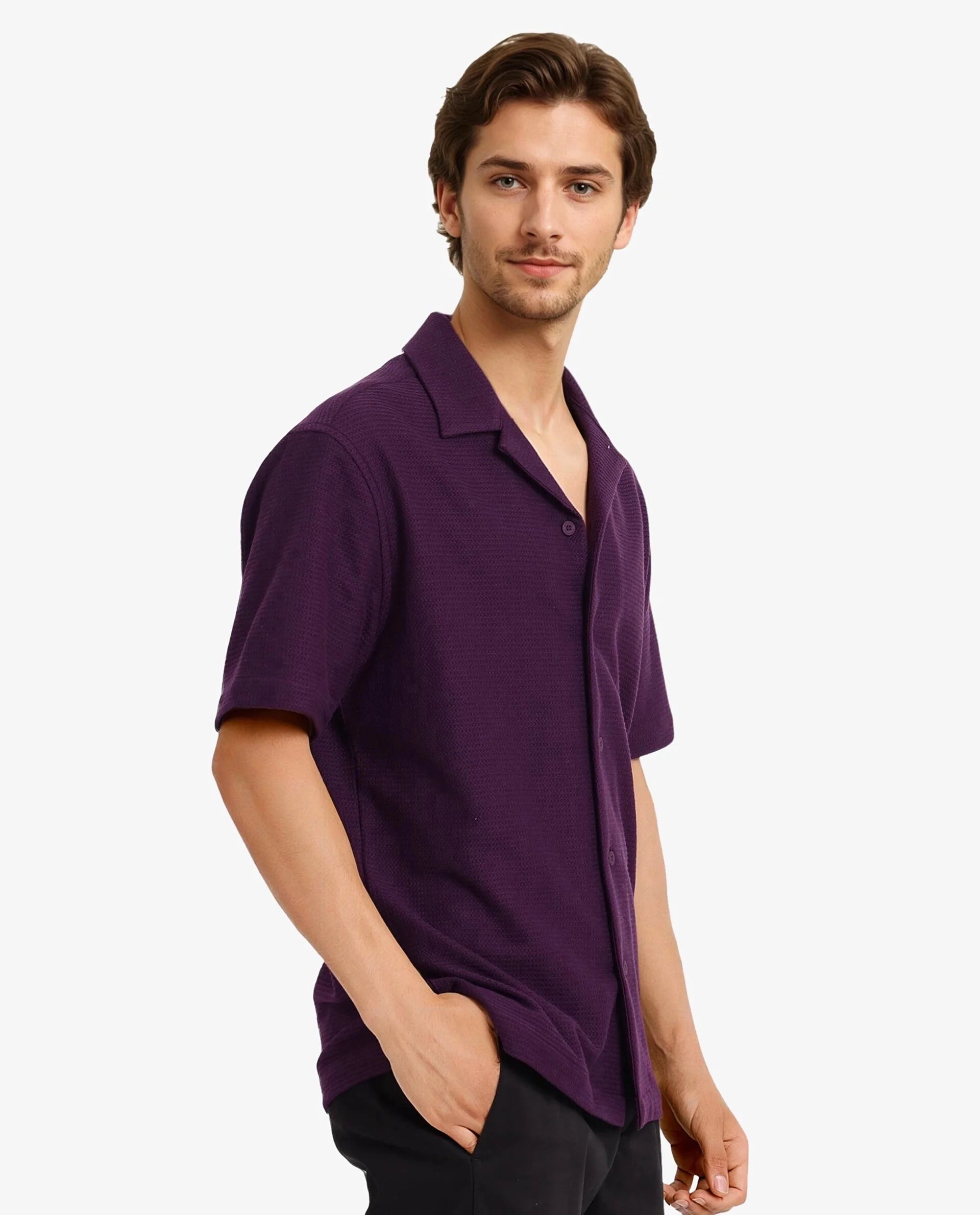 Rare Rabbit Men Site Ss Dark Purple Short Sleeve Collared Neck Button Closure Regular Fit Plain Shirt