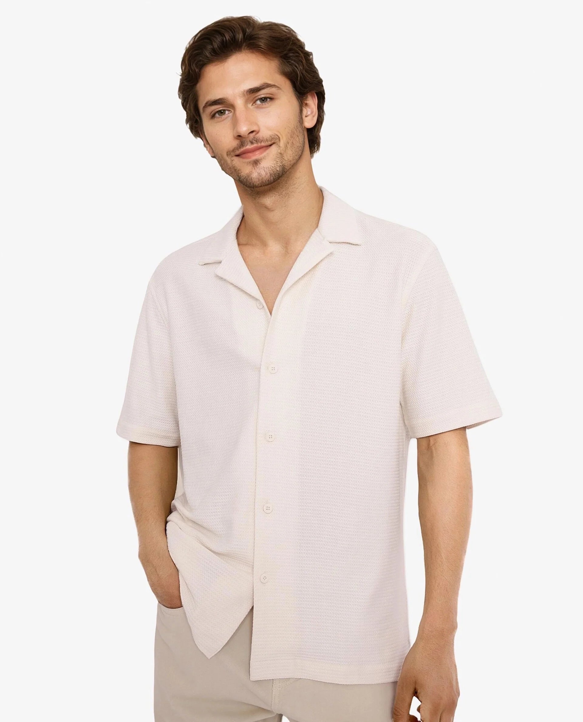 Rare Rabbit Men Site Ss Off White Short Sleeve Collared Neck Button Closure Regular Fit Plain Shirt