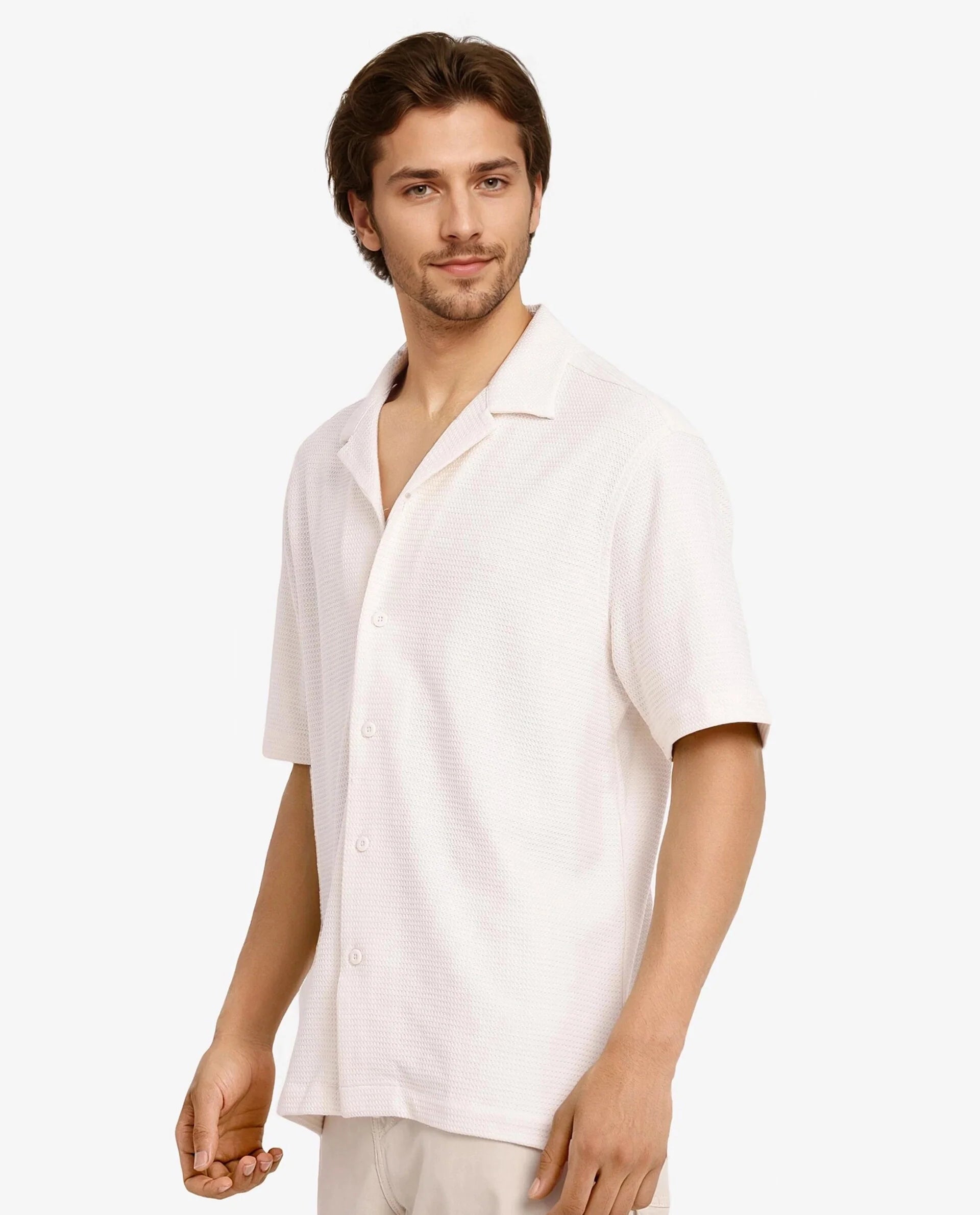 Rare Rabbit Men Site Ss Off White Short Sleeve Collared Neck Button Closure Regular Fit Plain Shirt