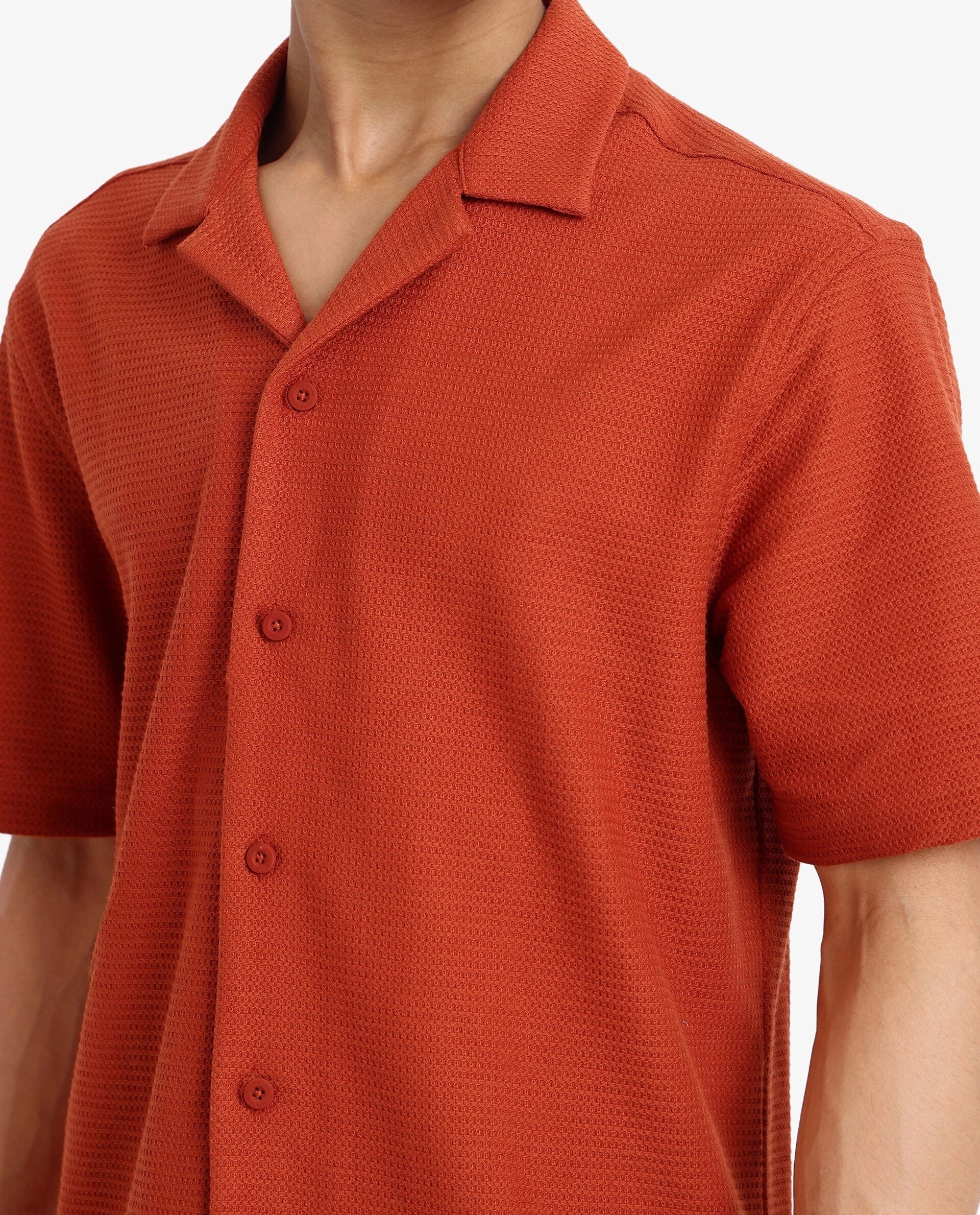 Rare Rabbit Men Site Ss Rust Short Sleeve Cuban Collar Button Closure Boxy Fit Plain Shirt