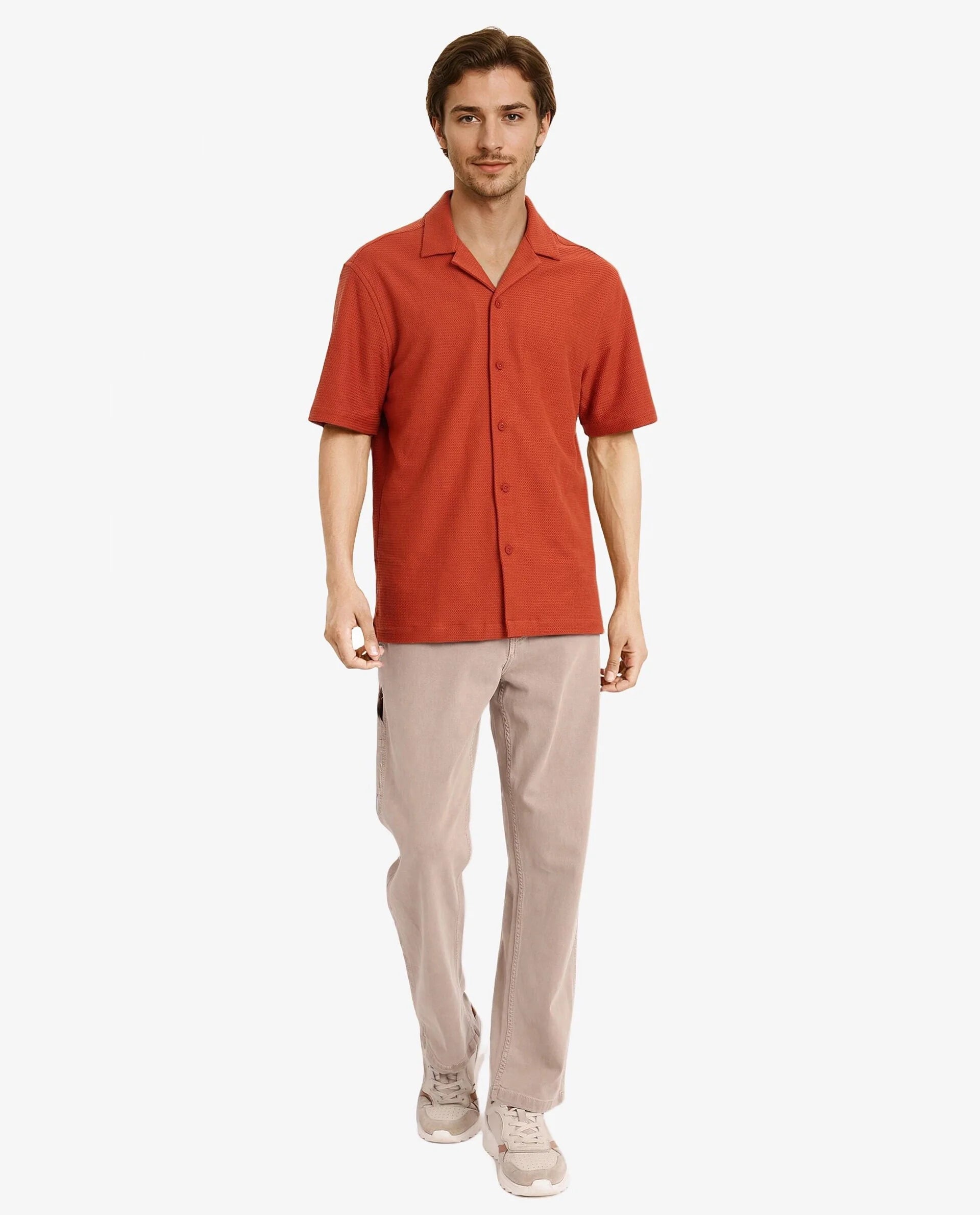 Rare Rabbit Men Site Ss Rust Short Sleeve Cuban Collar Button Closure Boxy Fit Plain Shirt