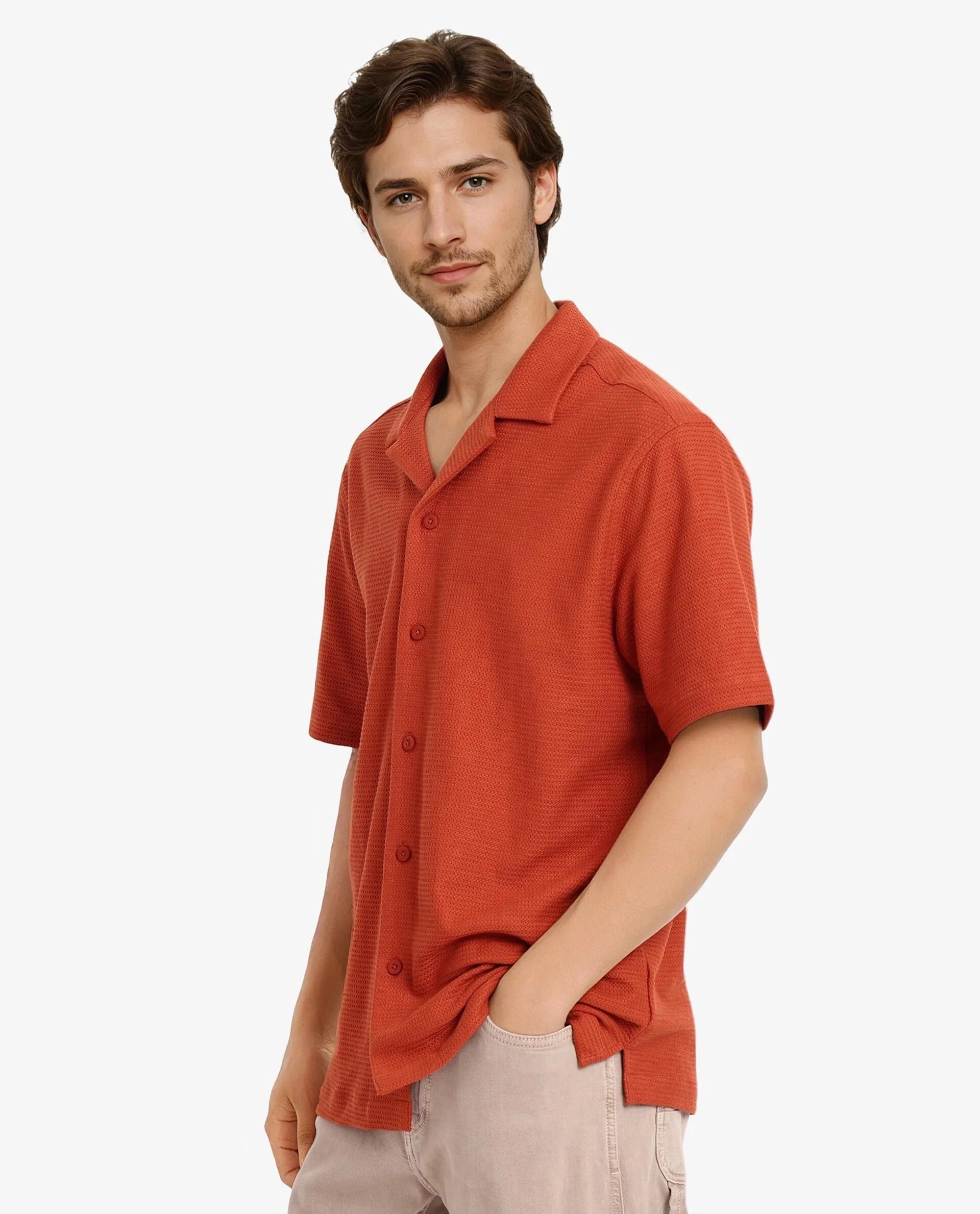 Rare Rabbit Men Site Ss Rust Short Sleeve Cuban Collar Button Closure Boxy Fit Plain Shirt