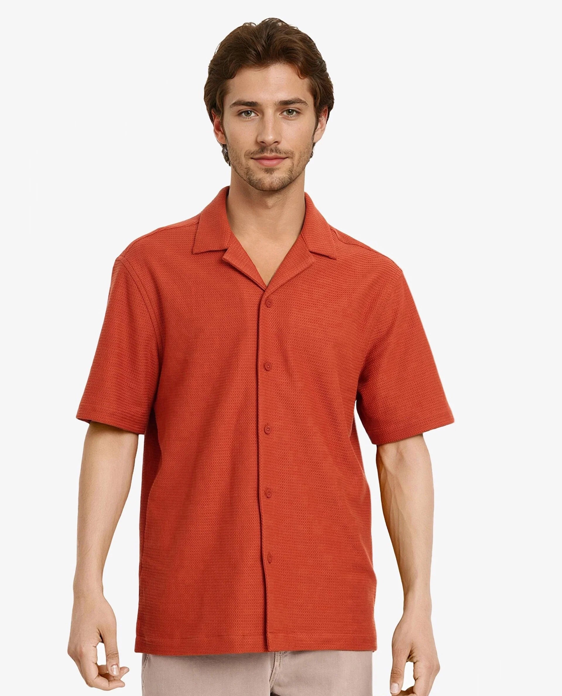 Rare Rabbit Men Site Ss Rust Short Sleeve Cuban Collar Button Closure Boxy Fit Plain Shirt