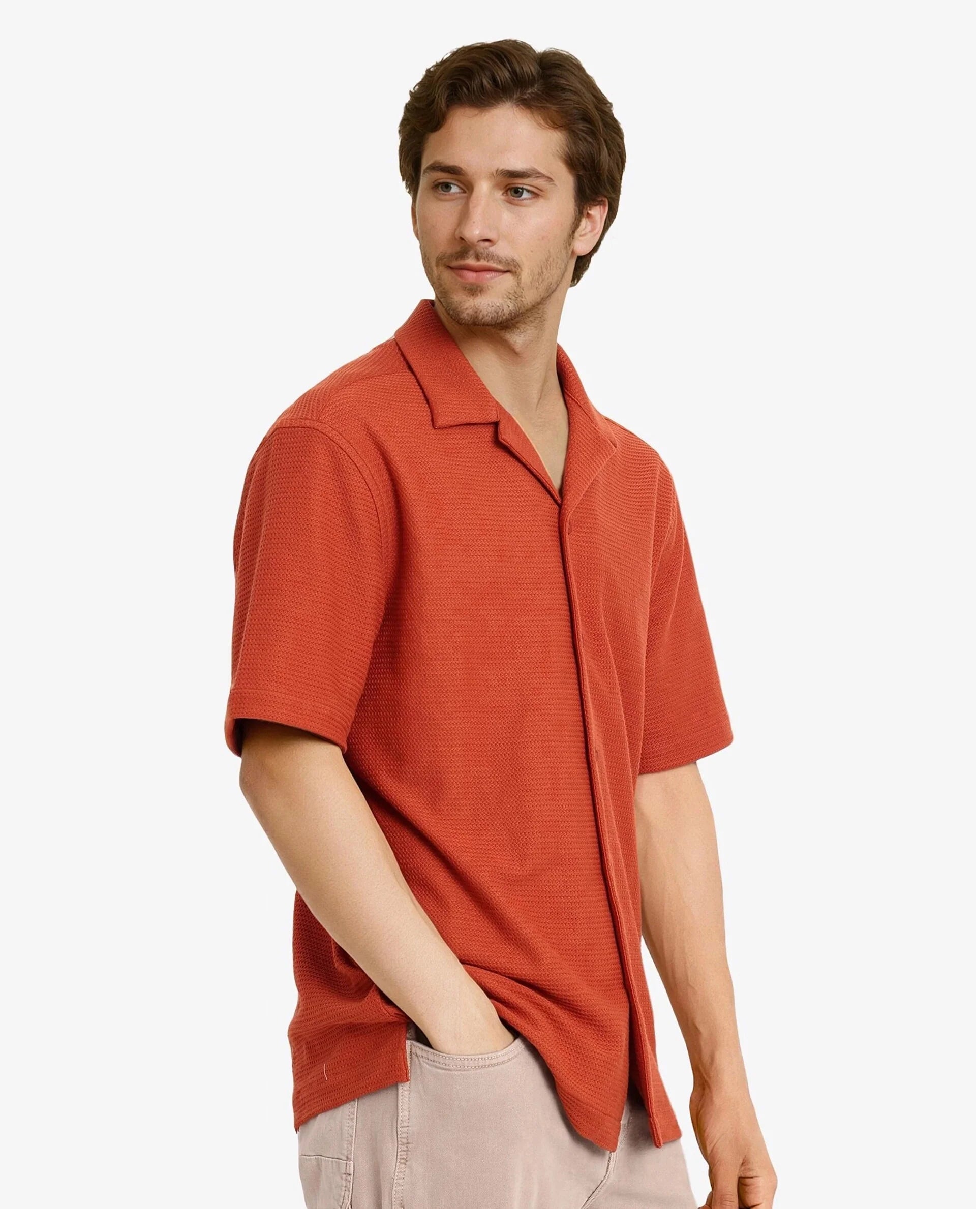 Rare Rabbit Men Site Ss Rust Short Sleeve Cuban Collar Button Closure Boxy Fit Plain Shirt