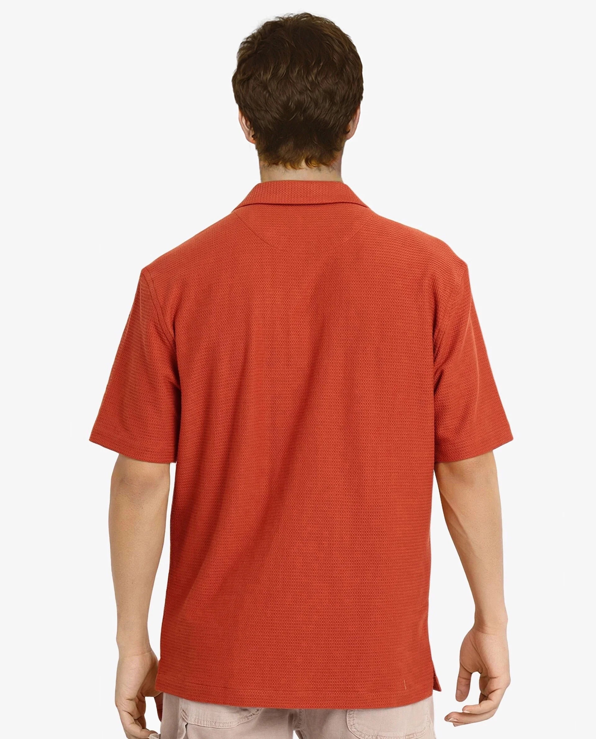 Rare Rabbit Men Site Ss Rust Short Sleeve Cuban Collar Button Closure Boxy Fit Plain Shirt