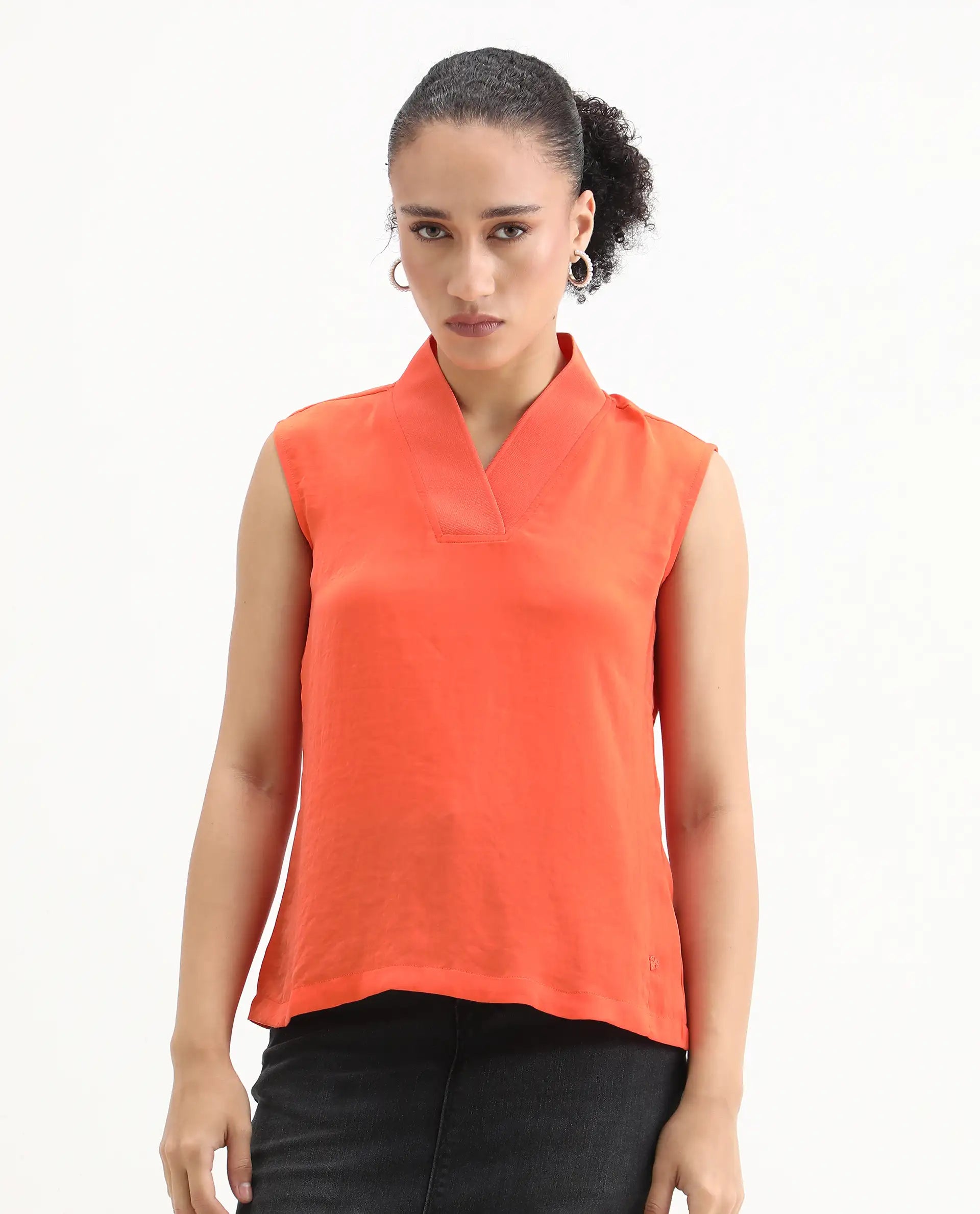 Rareism Women's Siyar Orange Satin V-Neck Plain Sleeveless Regular Fit Top