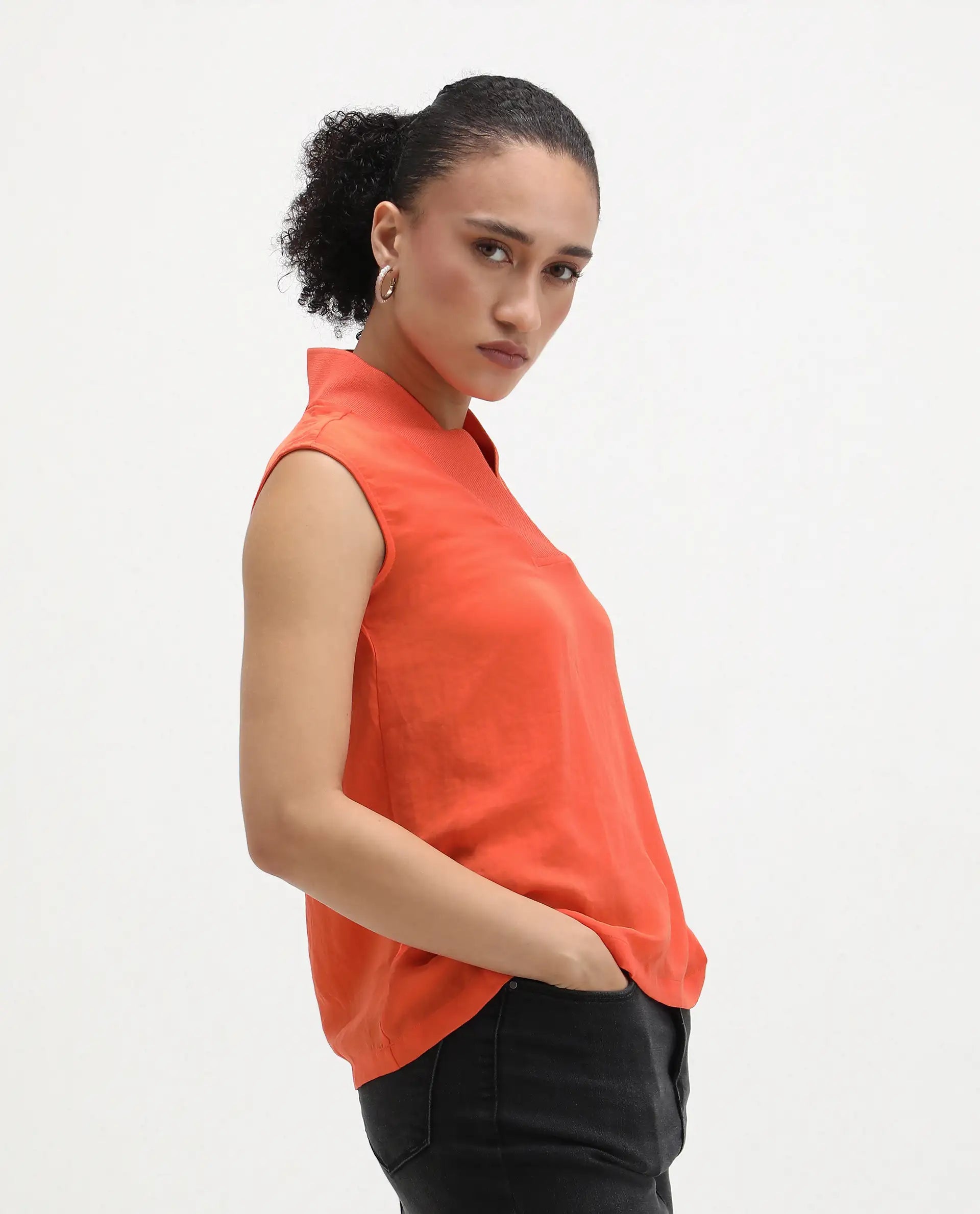 Rareism Women's Siyar Orange Satin V-Neck Plain Sleeveless Regular Fit Top