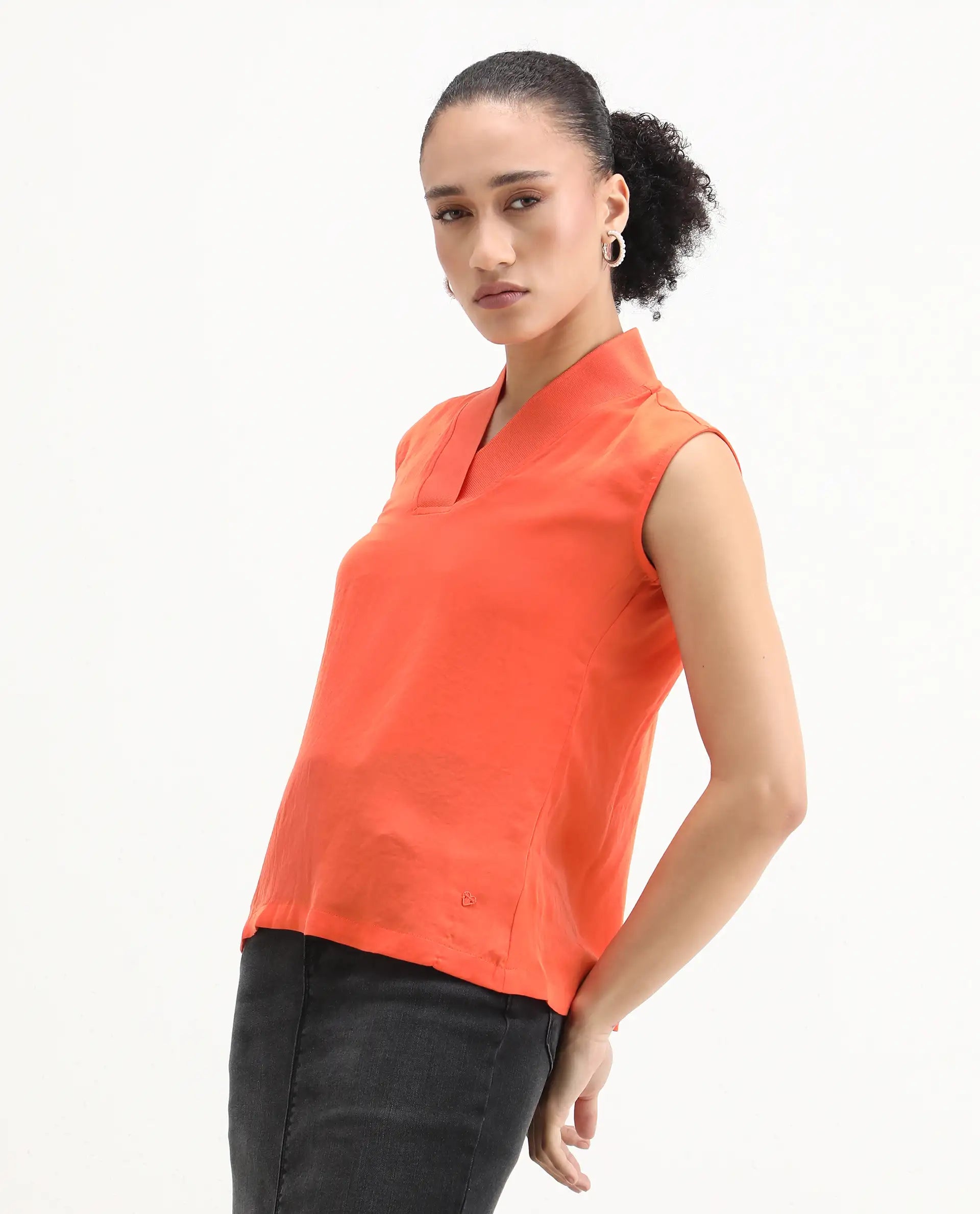 Rareism Women's Siyar Orange Satin V-Neck Plain Sleeveless Regular Fit Top