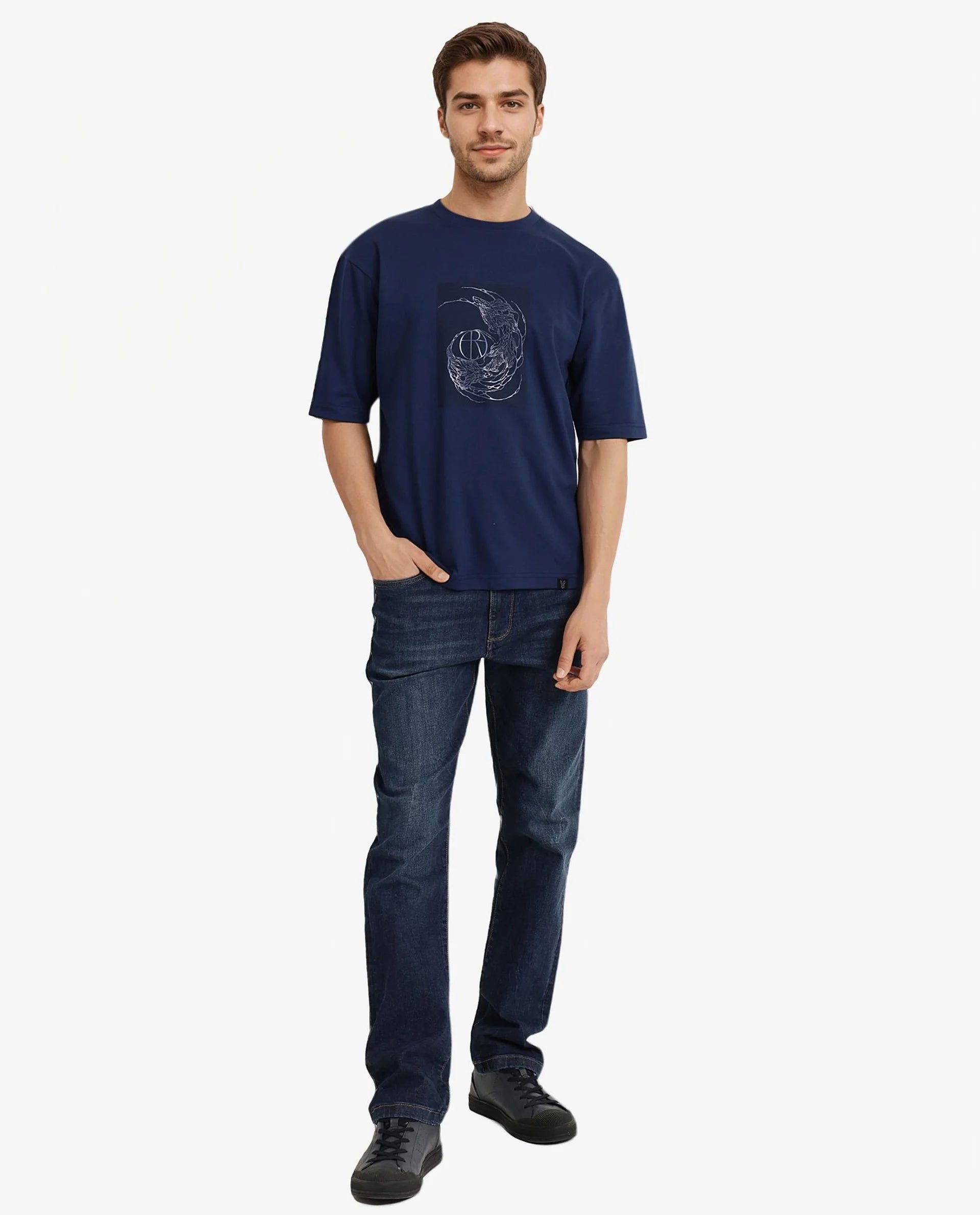 Rare Rabbit Men Skio Dusky Blue Cotton Polyester Fabric Short Sleeve Crew Neck Oversized Fit Graphic Print T-Shirt