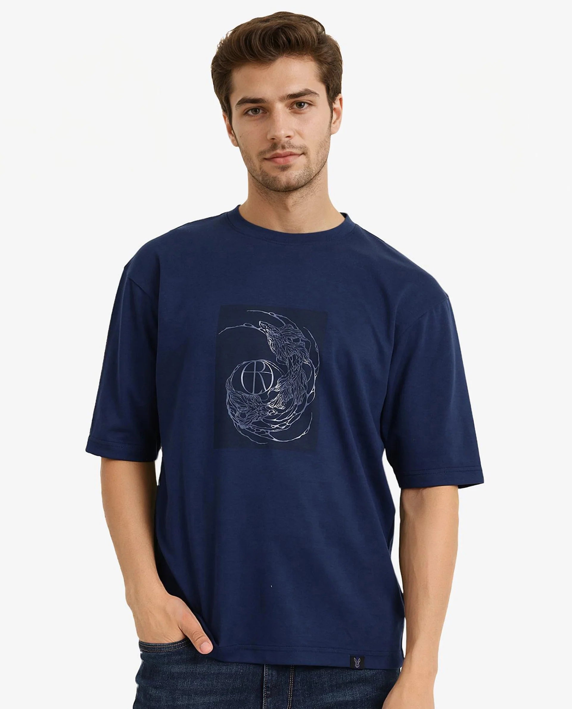 Rare Rabbit Men Skio Dusky Blue Cotton Polyester Fabric Short Sleeve Crew Neck Oversized Fit Graphic Print T-Shirt