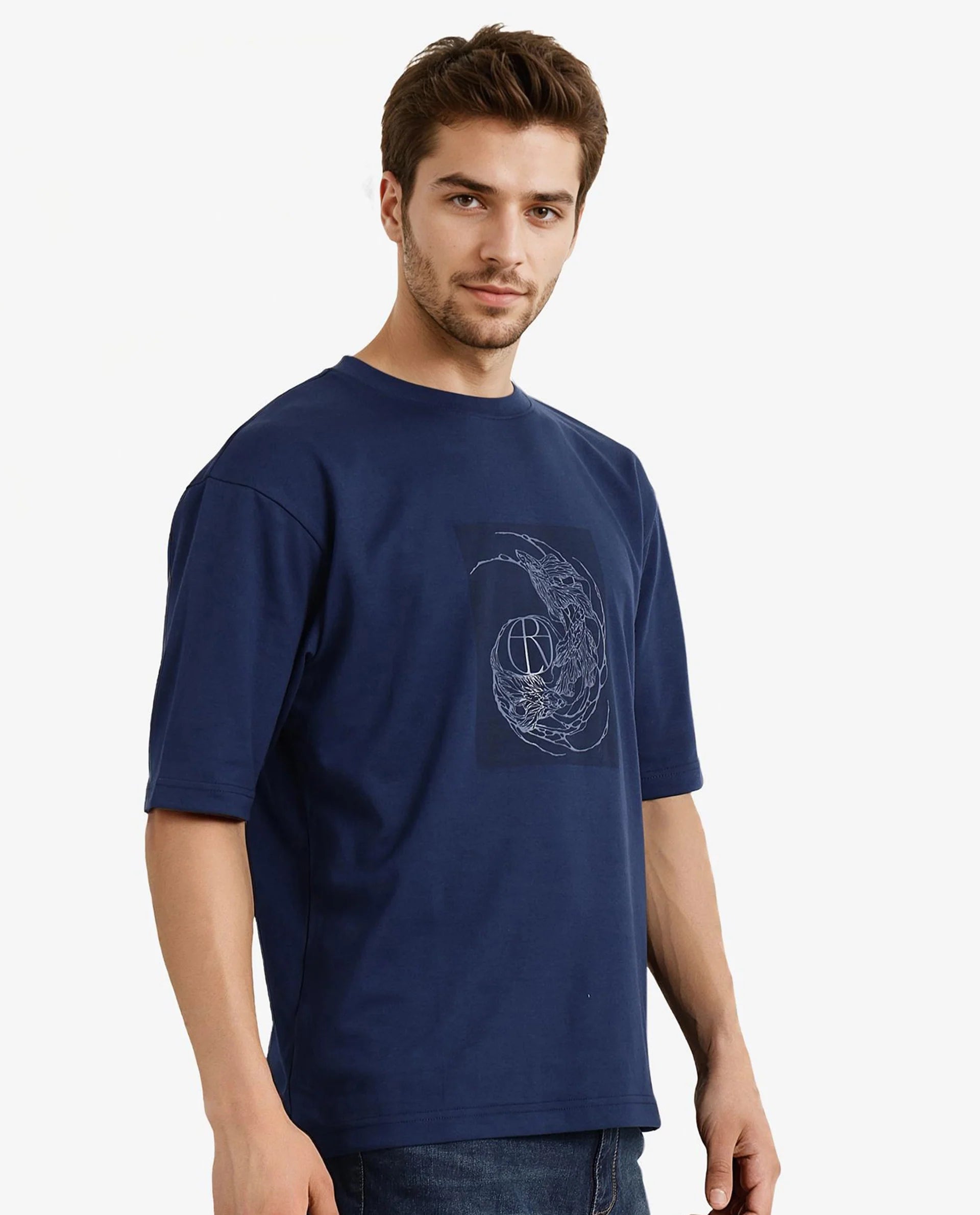 Rare Rabbit Men Skio Dusky Blue Cotton Polyester Fabric Short Sleeve Crew Neck Oversized Fit Graphic Print T-Shirt