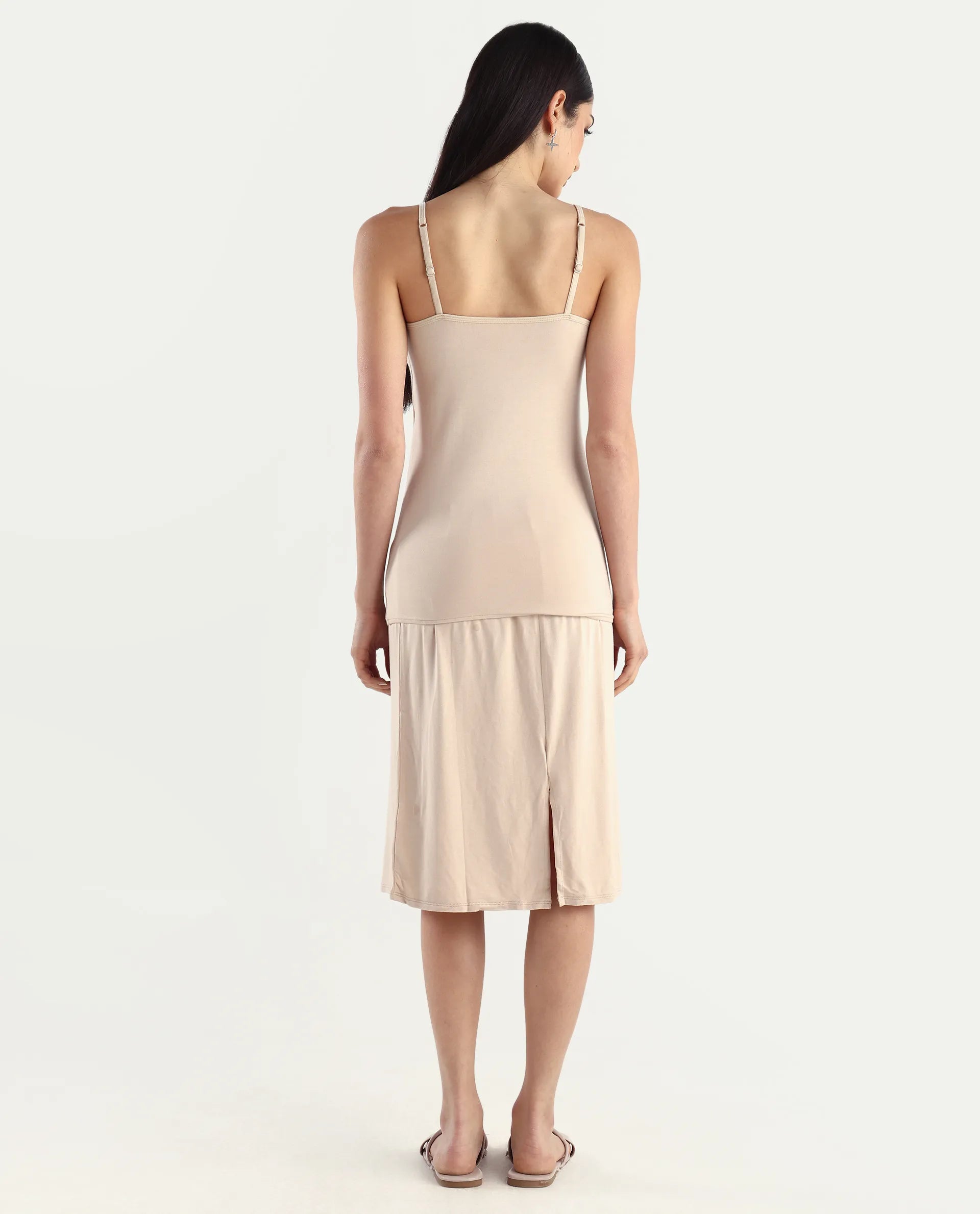 Rareism Women's Slippyaa Beige Shoulder Strap Plain Shoulder Strap Knee Length Straight Fit Inner Wear