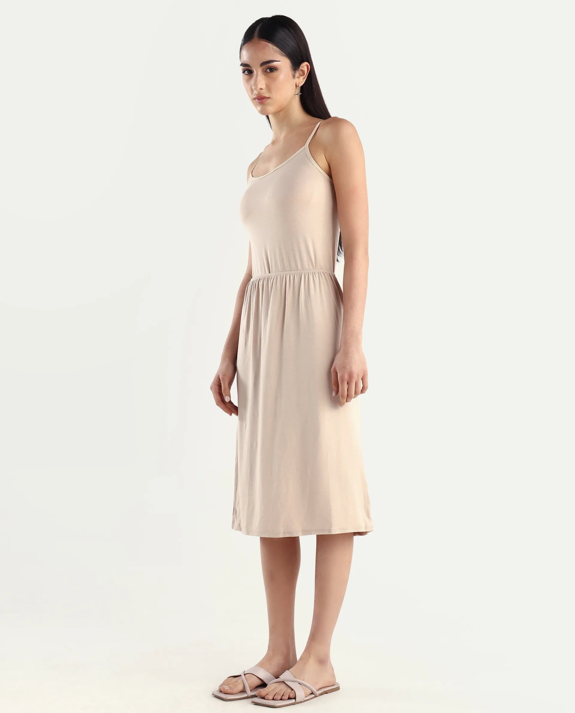 Rareism Women's Slippyaa Beige Shoulder Strap Plain Shoulder Strap Knee Length Straight Fit Inner Wear