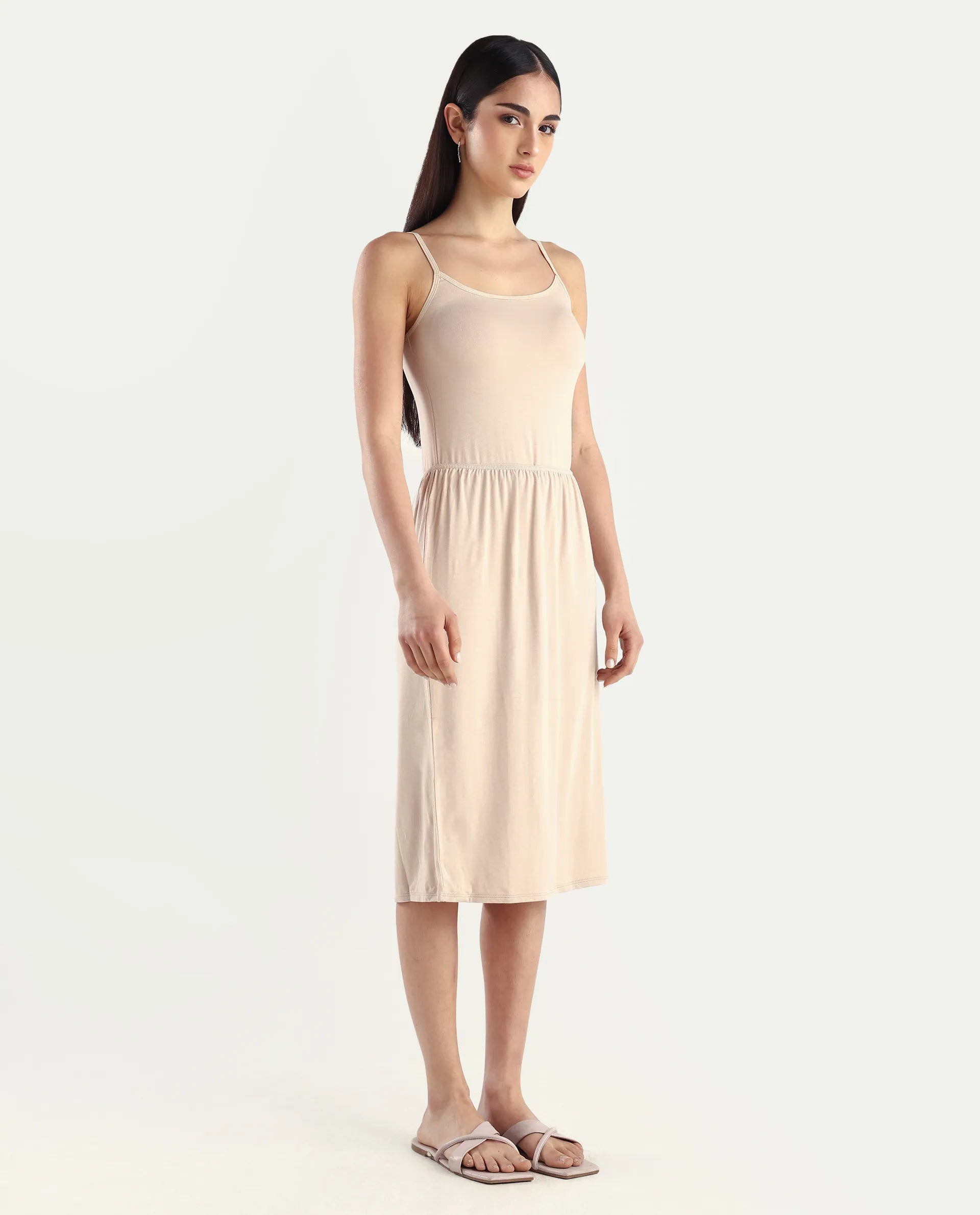 Rareism Women's Slippyaa Beige Shoulder Strap Plain Shoulder Strap Knee Length Straight Fit Inner Wear