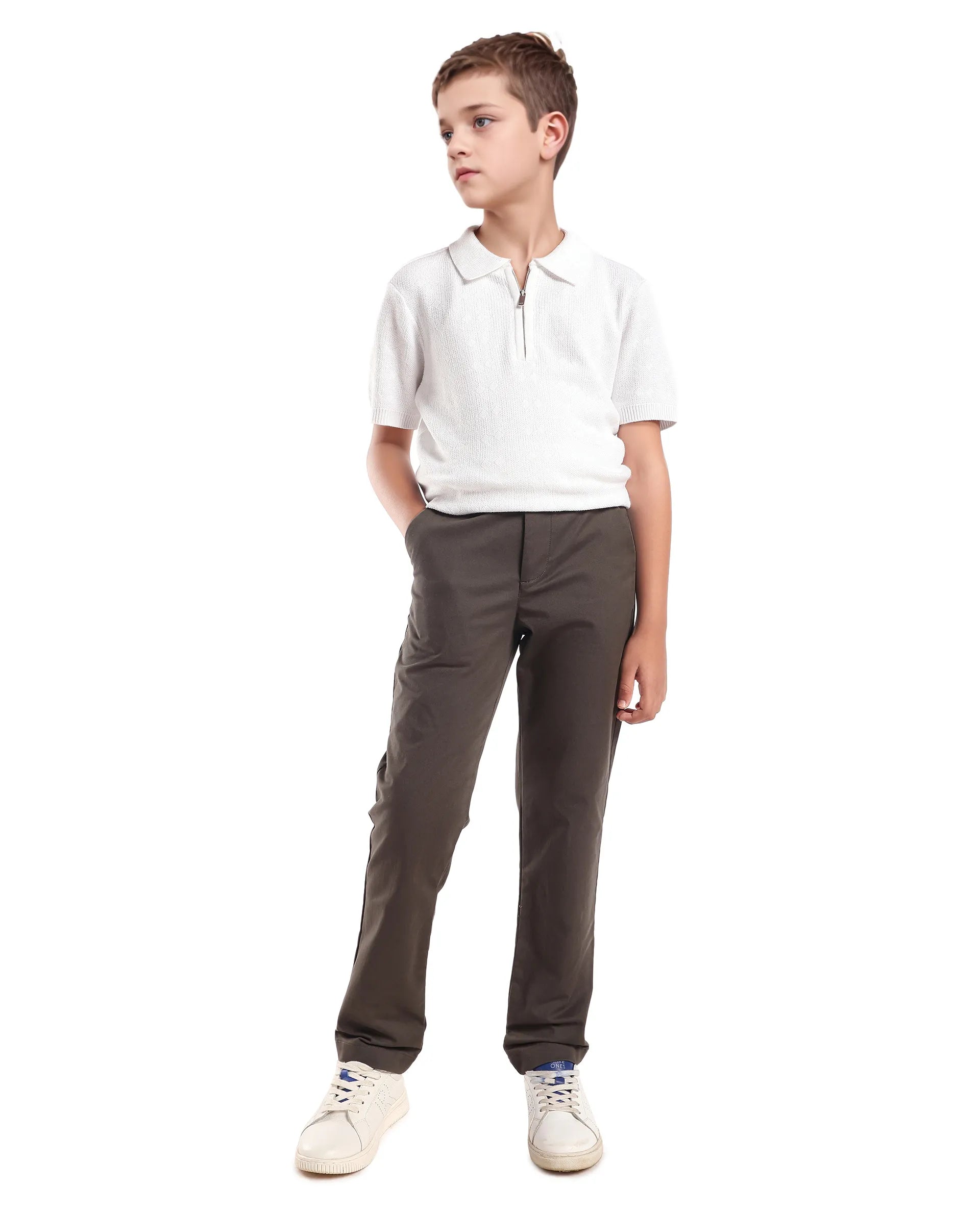 Rare Ones Kids Smart-K Dusky Green Cotton Blend Solid Button And Zipper Closure Regular Fit Trouser