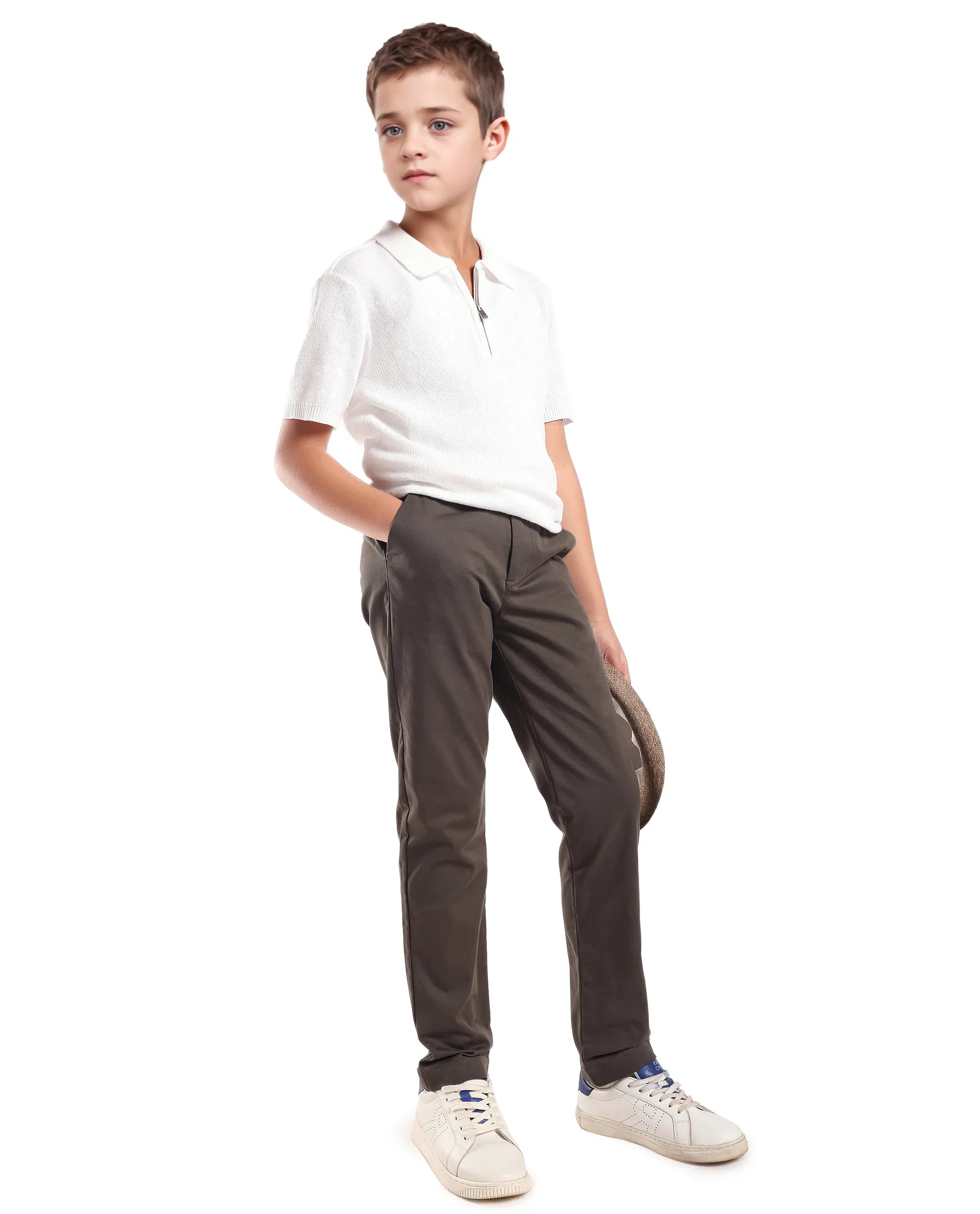Rare Ones Kids Smart-K Dusky Green Cotton Blend Solid Button And Zipper Closure Regular Fit Trouser