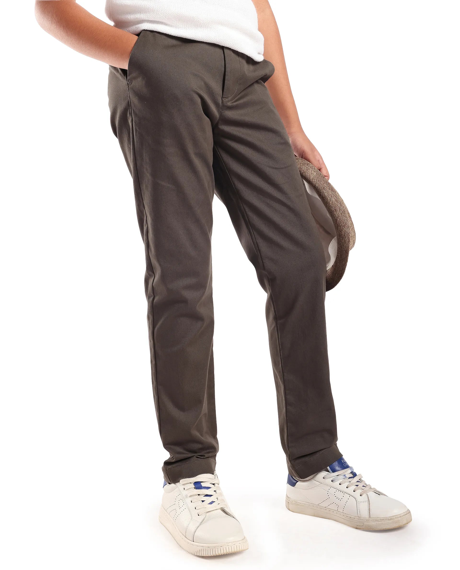 Rare Ones Kids Smart-K Dusky Green Cotton Blend Solid Button And Zipper Closure Regular Fit Trouser