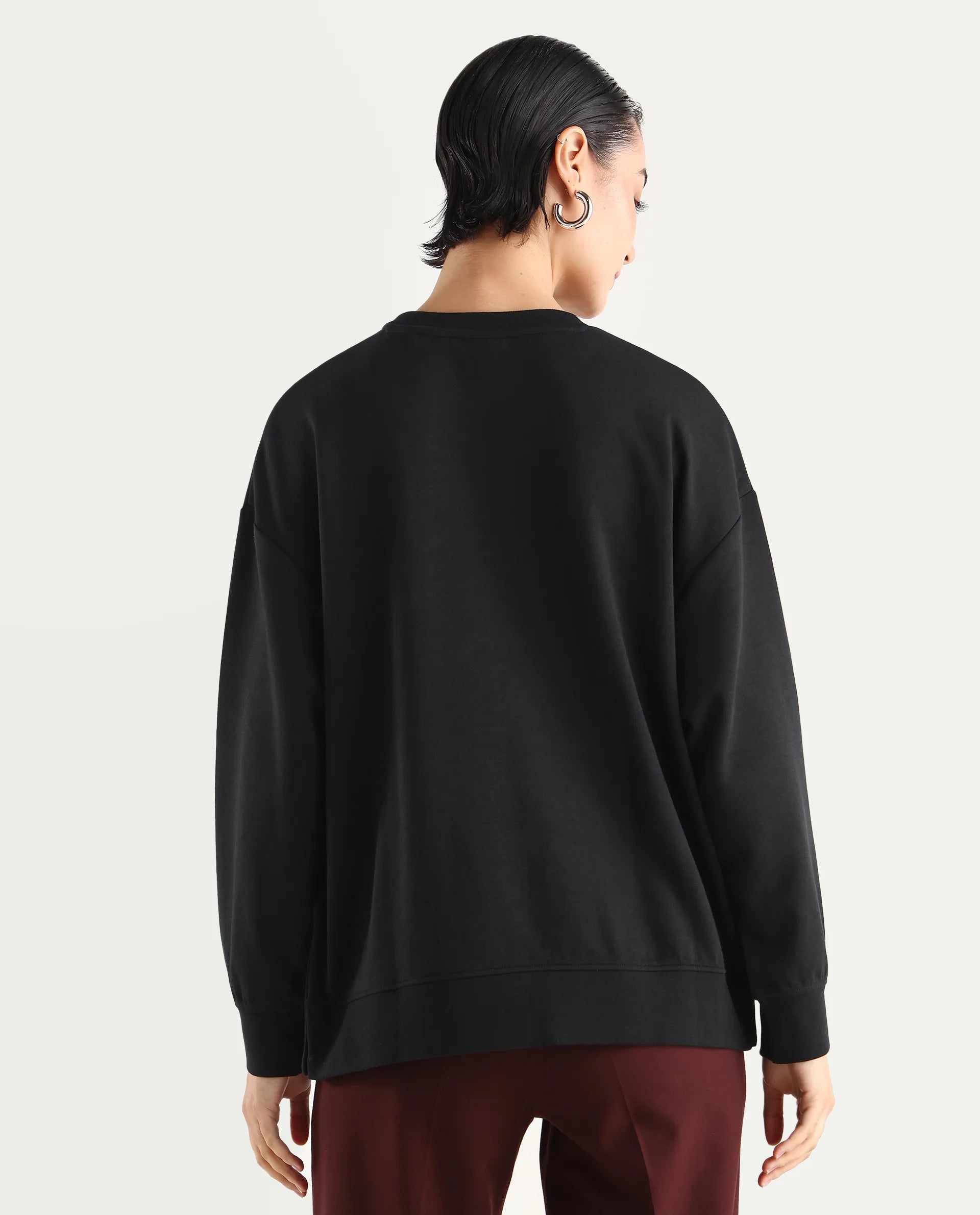 Rareism Women's Snappy Black Cotton Blend Crew Neck Plain Relaxed Fit Sweatshirt