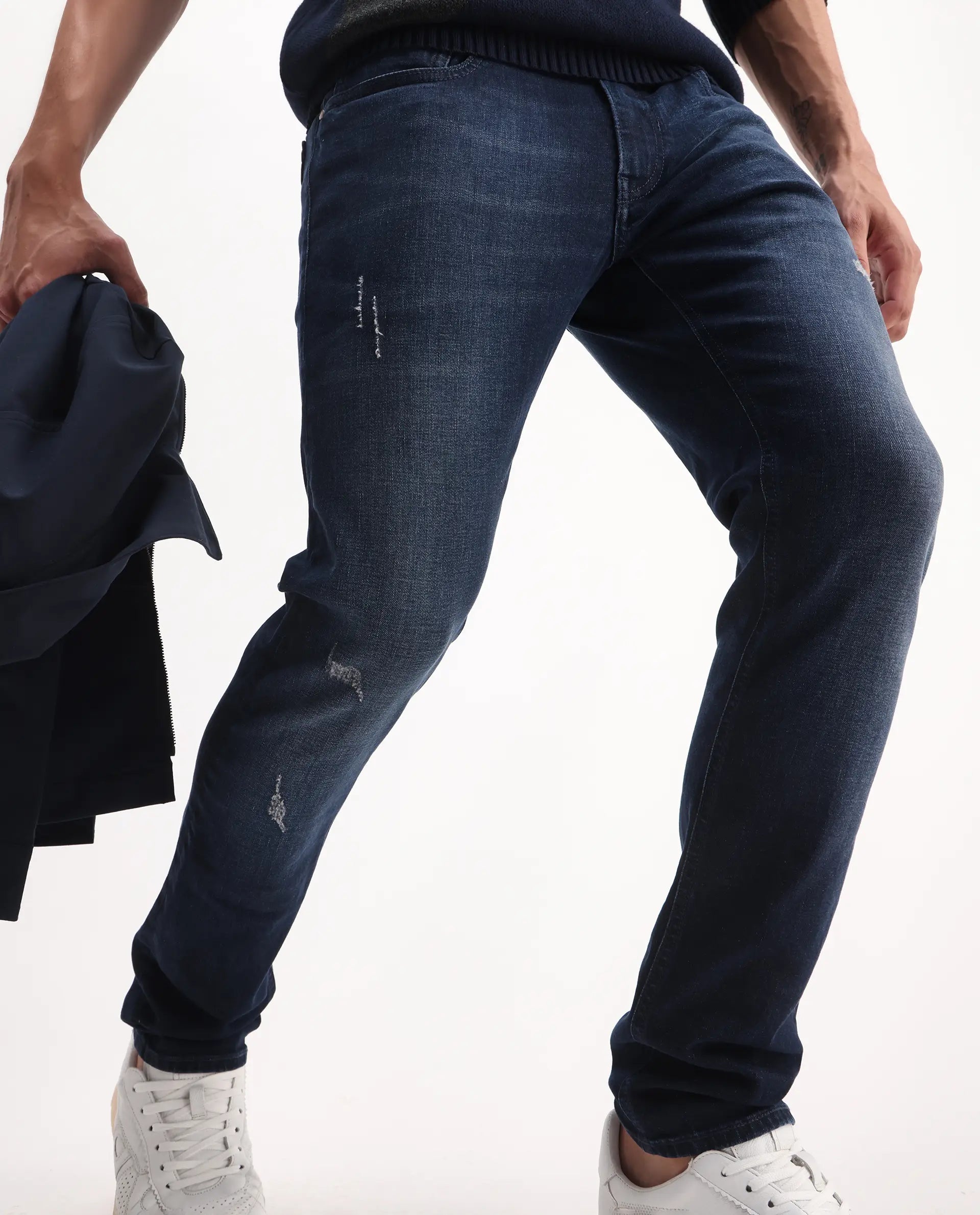 Rare Rabbit Men's Snugh Navy Cotton Blend Plain Hawk Slim Fit Jeans