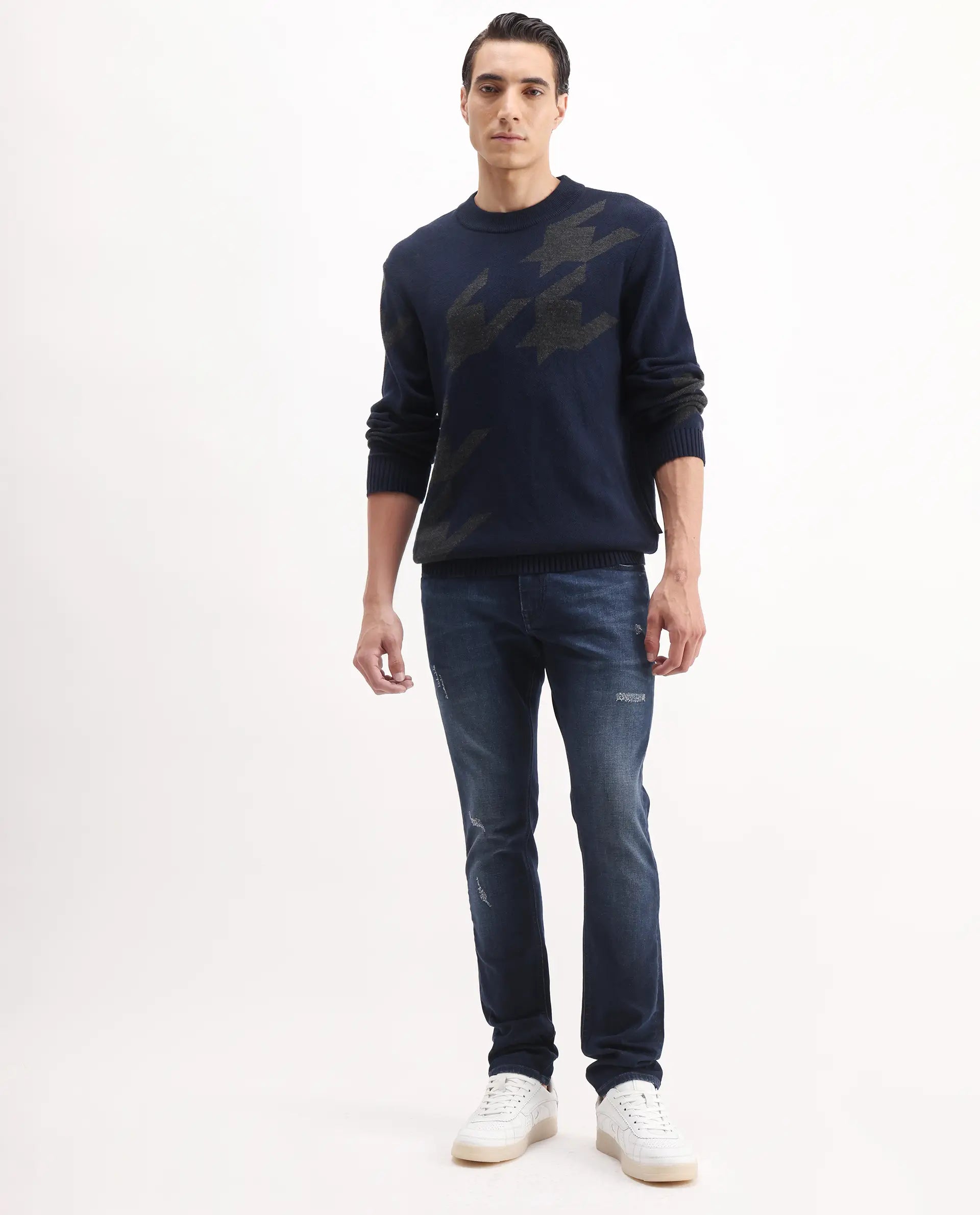 Rare Rabbit Men's Snugh Navy Cotton Blend Plain Hawk Slim Fit Jeans