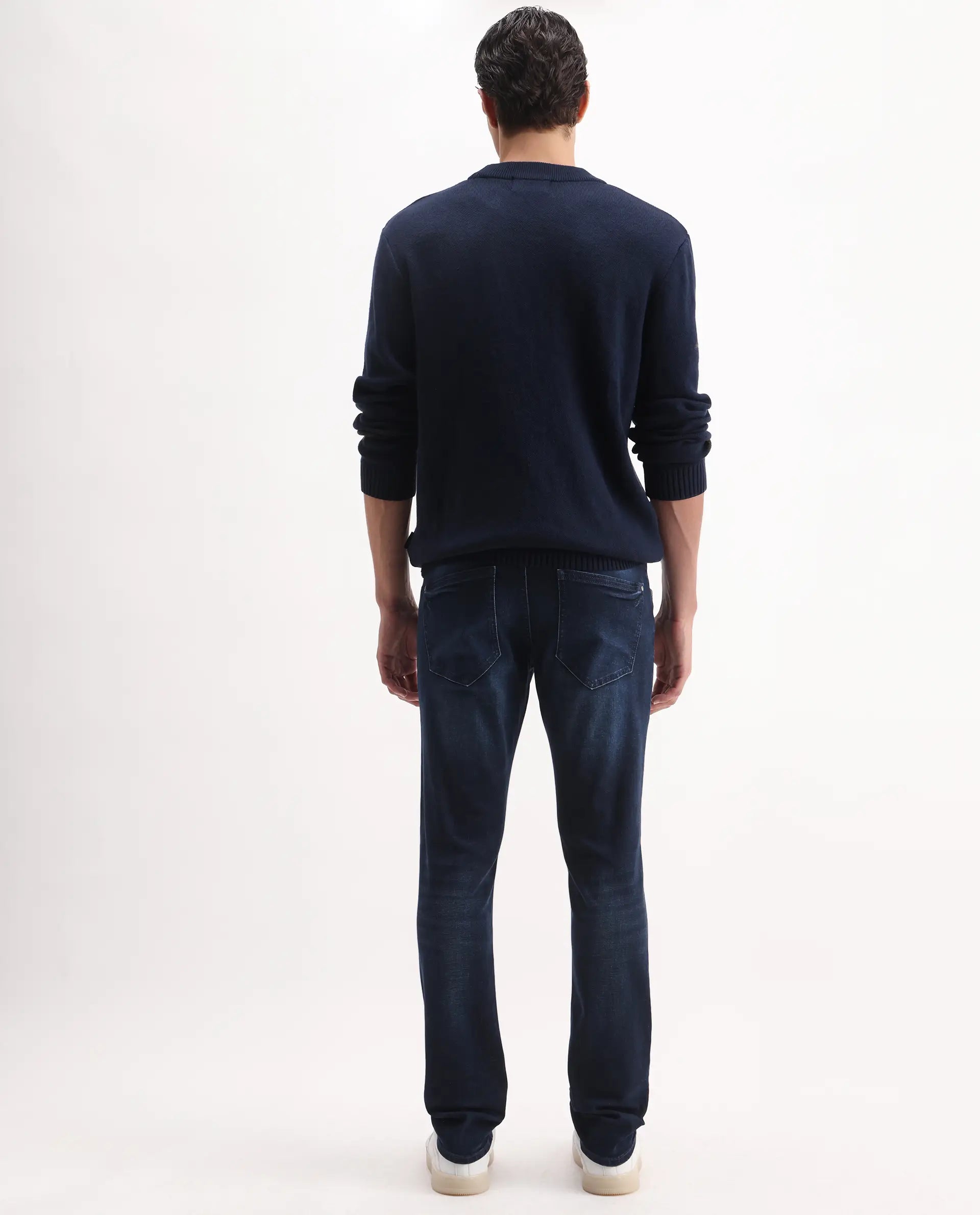 Rare Rabbit Men's Snugh Navy Cotton Blend Plain Hawk Slim Fit Jeans