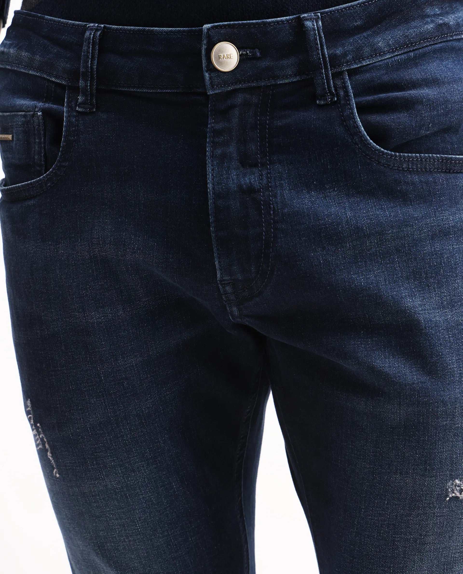Rare Rabbit Men's Snugh Navy Cotton Blend Plain Hawk Slim Fit Jeans