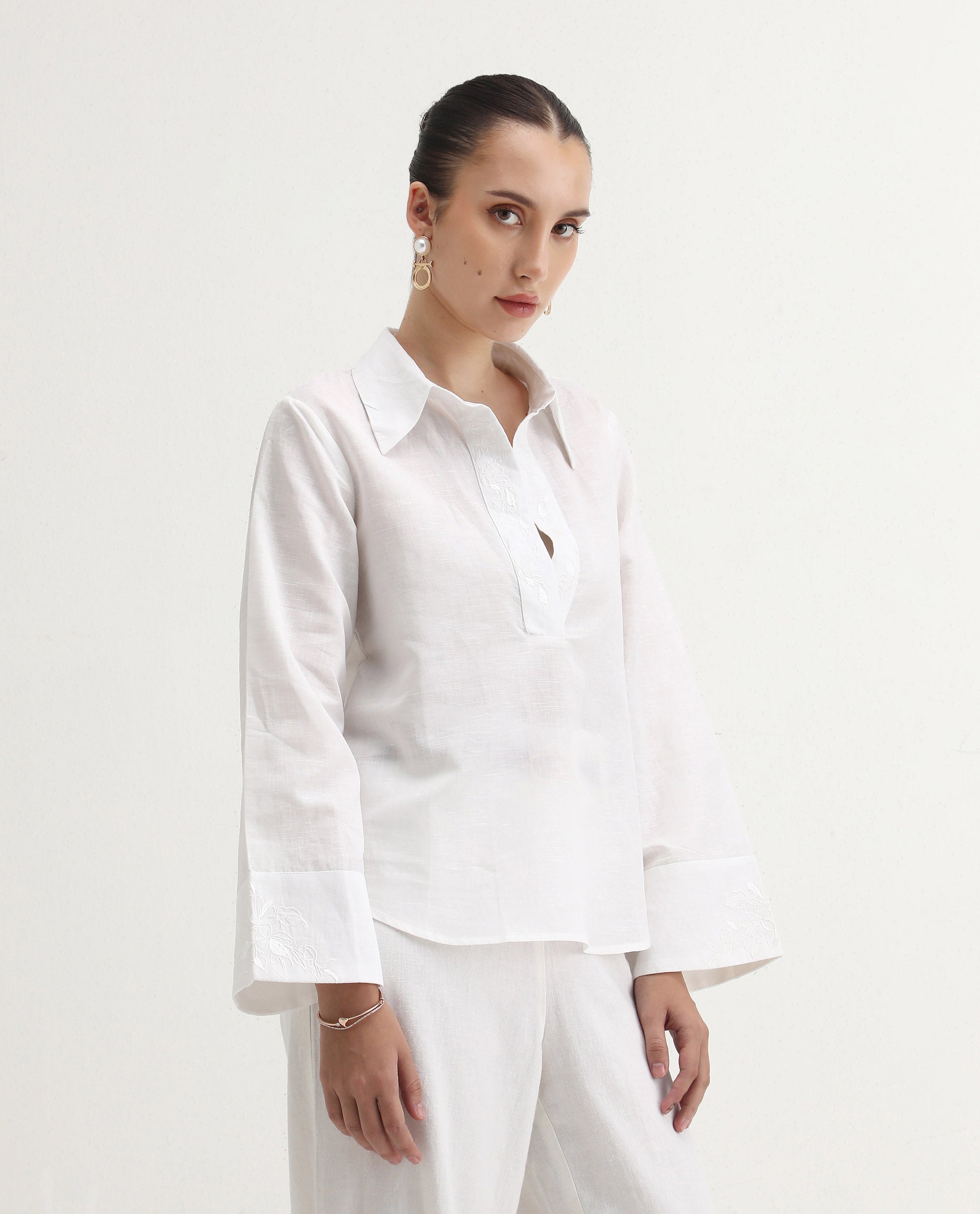 Rareism Women's Sofian White Cotton Blend Spread Collar Plain Bell Sleeve Relaxed Fit Top