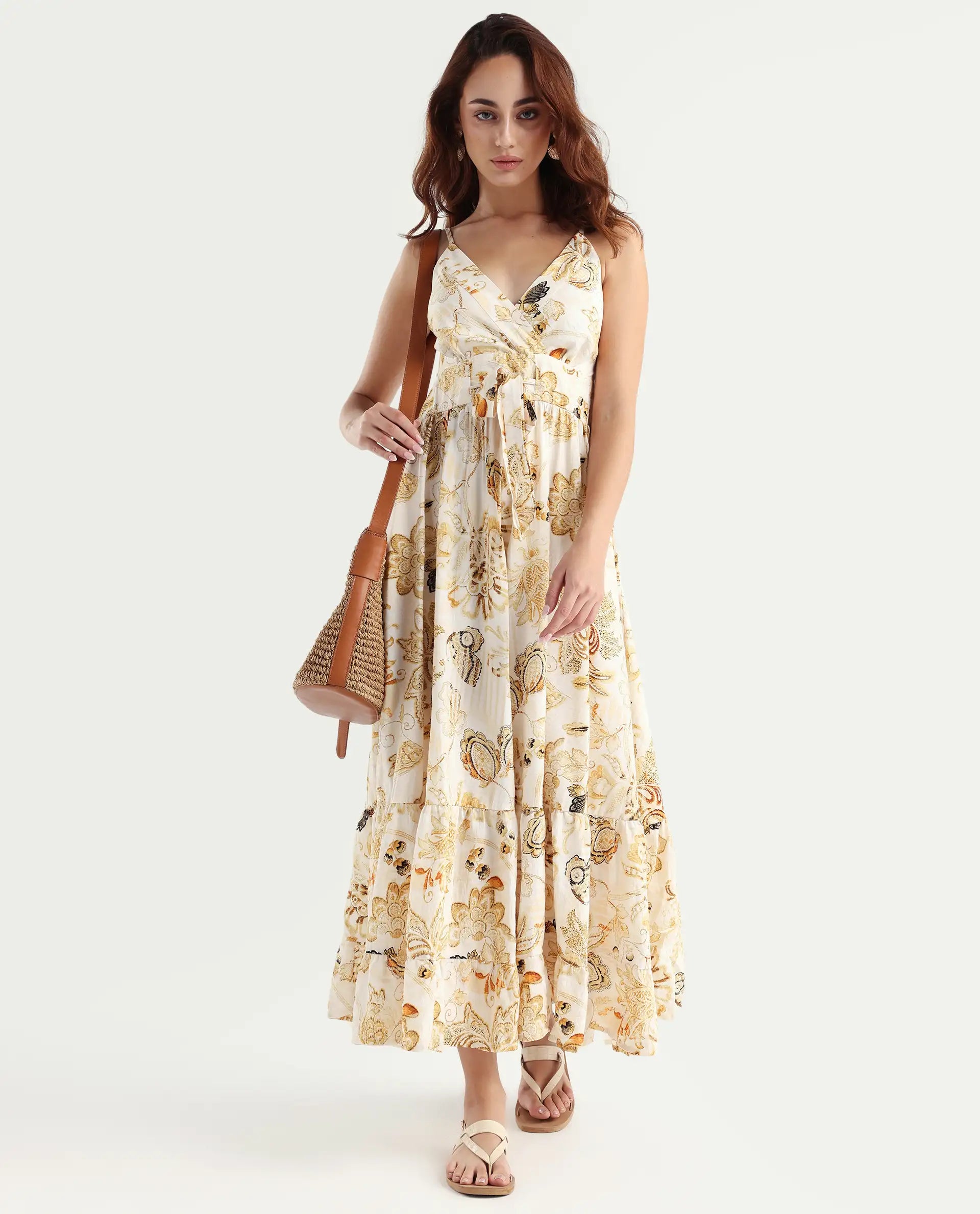 Rareism Women's Sojer Multi Nylon Blend Shoulder Strap Paisley Print Sleeveless Maxi Fit And Flare Dress