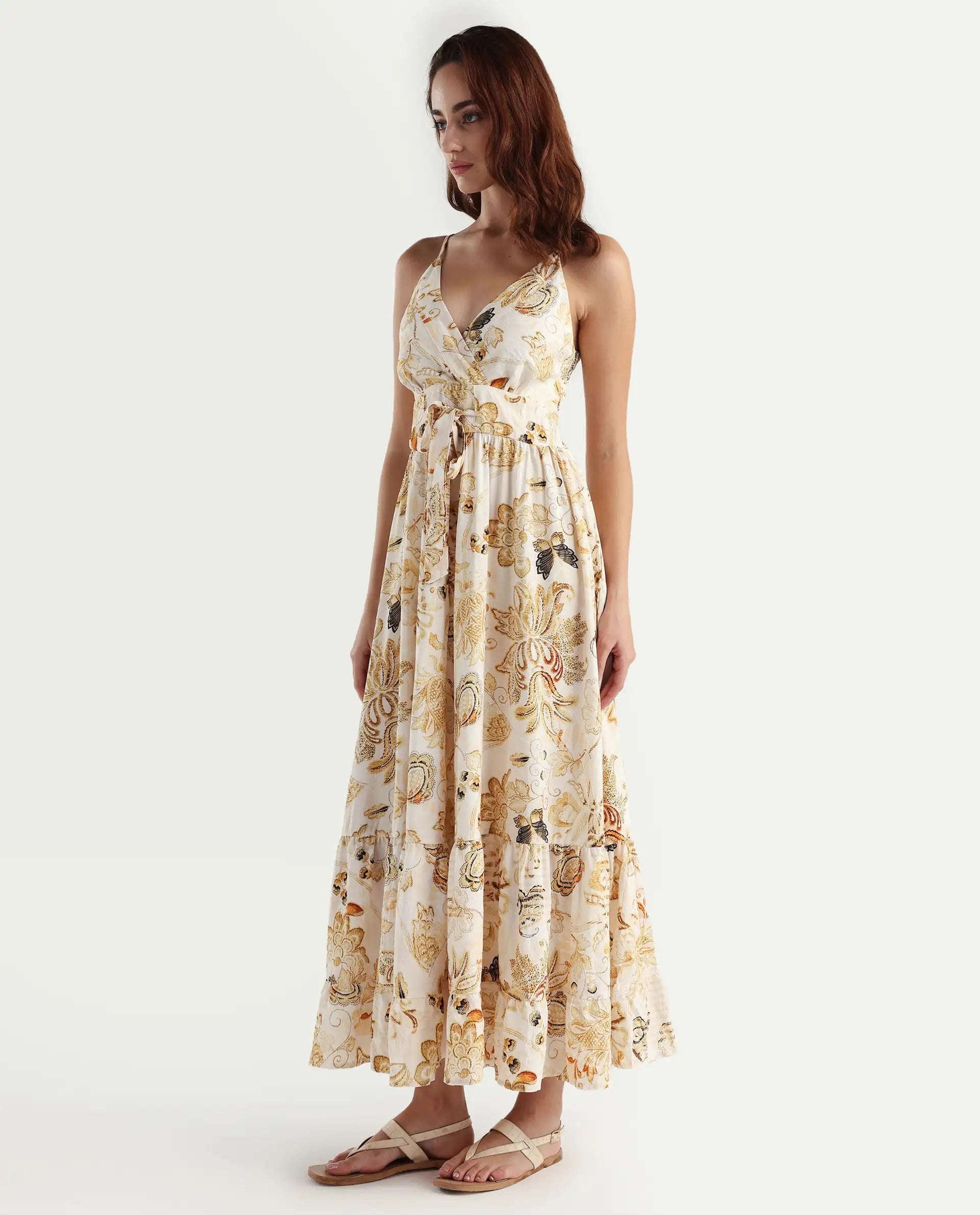 Rareism Women's Sojer Multi Nylon Blend Shoulder Strap Paisley Print Sleeveless Maxi Fit And Flare Dress