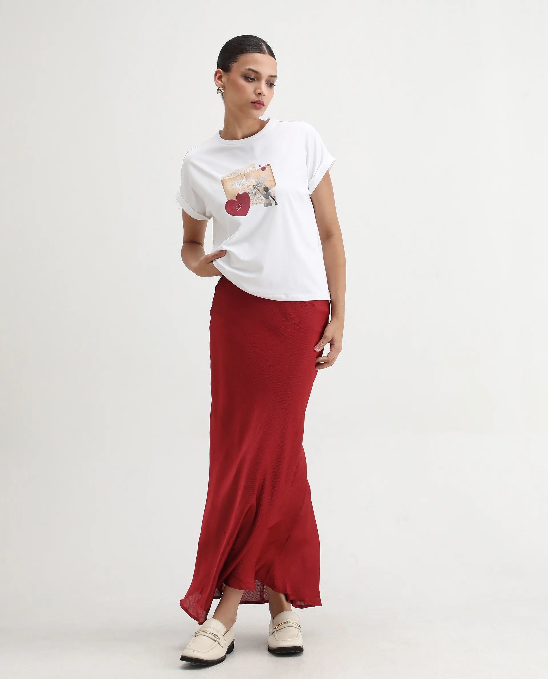 Rareism Women's Somker Off White Cotton Blend Crew Neck Graphic Print Extended Sleeves Regular Fit T-Shirt