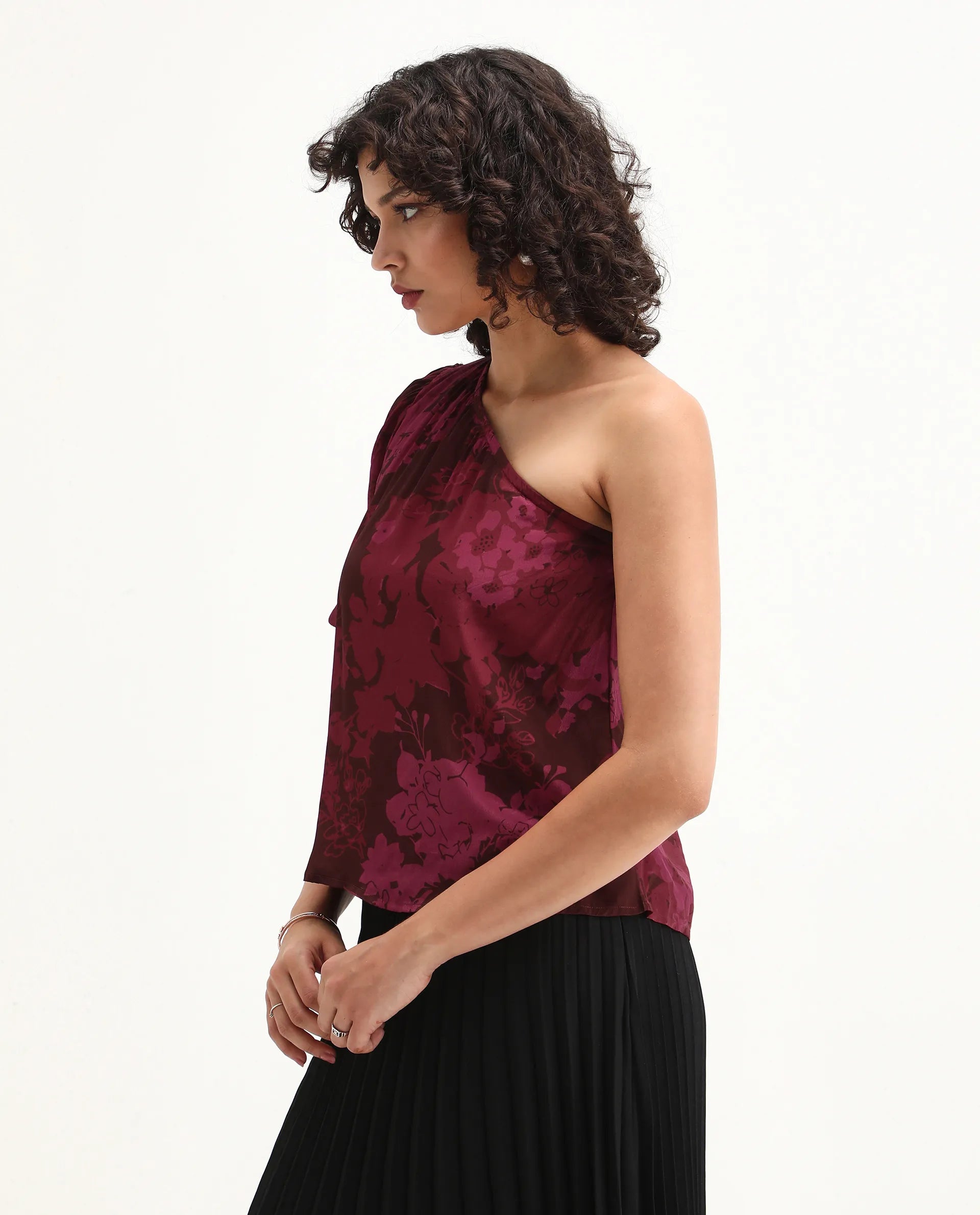 Rareism Women's Somray Red Polyester One Shoulder Floral Print One Shoulder Regular Fit Top