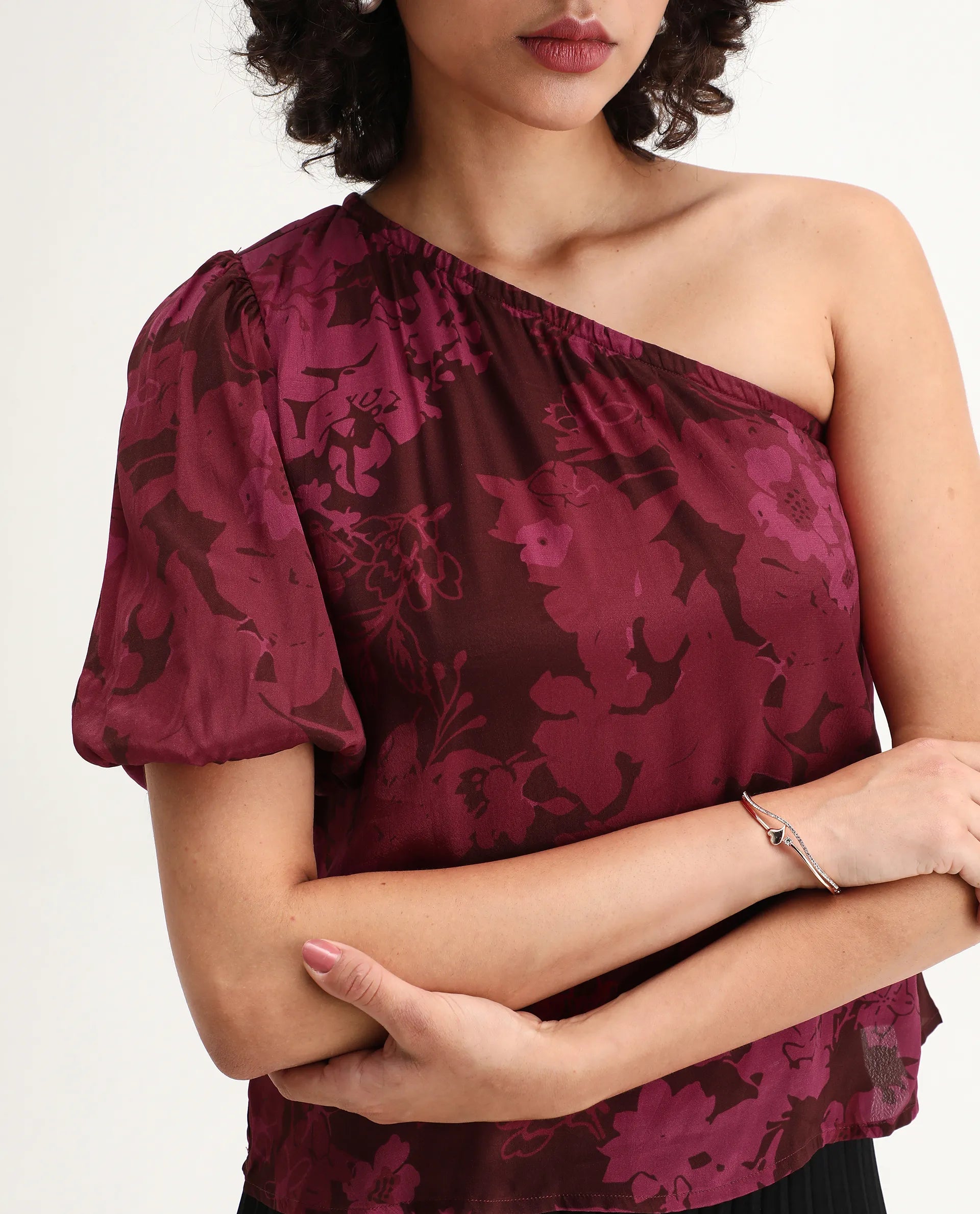 Rareism Women's Somray Red Polyester One Shoulder Floral Print One Shoulder Regular Fit Top