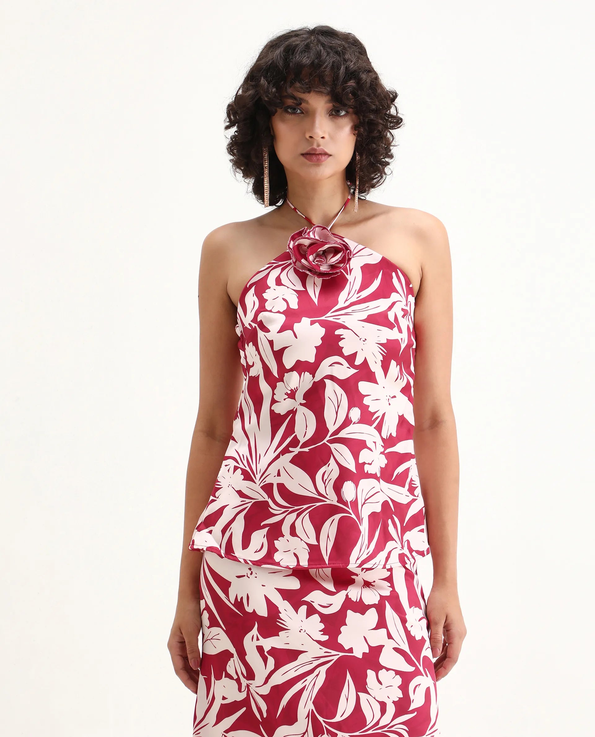 Rareism Women's Somtar T Pink Polyester Halter Neck Floral Print Sleeveless Regular Fit Top