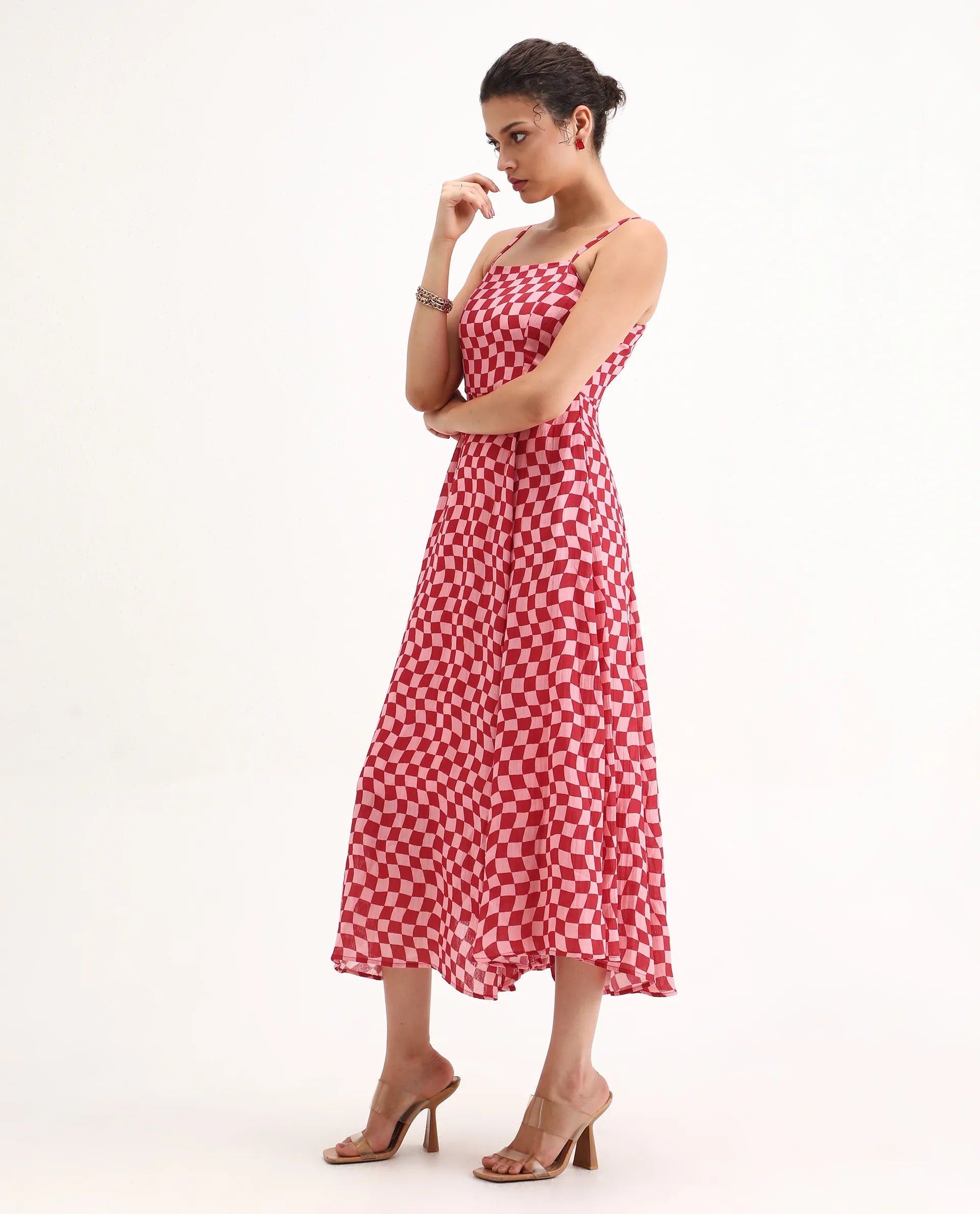 Rareism Women's Somtu Pink Cotton Shoulder Strap Geometric Print Shoulder Strap Midi Fit And Flare Dress