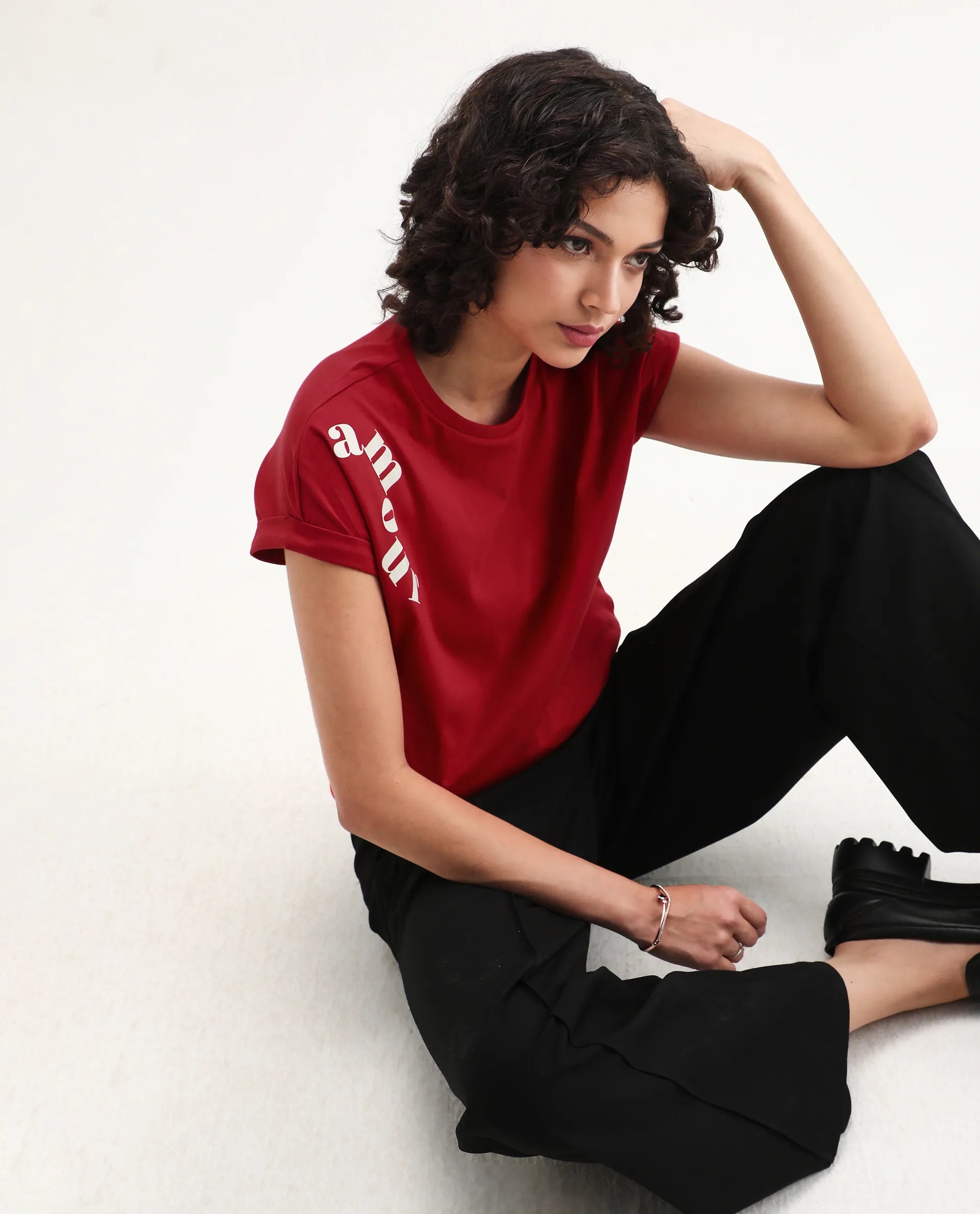 Rareism Women's Somvet Red Cotton Crew Neck Graphic Print Extended Sleeves Regular Fit T-Shirt