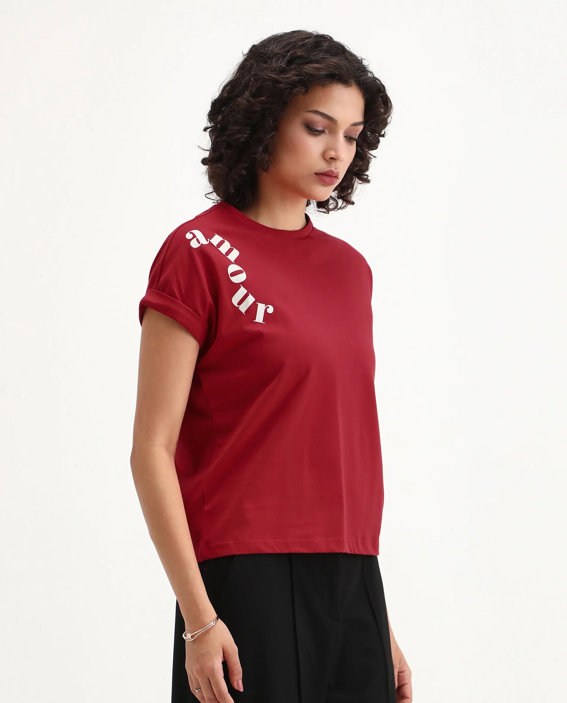 Rareism Women's Somvet Red Cotton Crew Neck Graphic Print Extended Sleeves Regular Fit T-Shirt