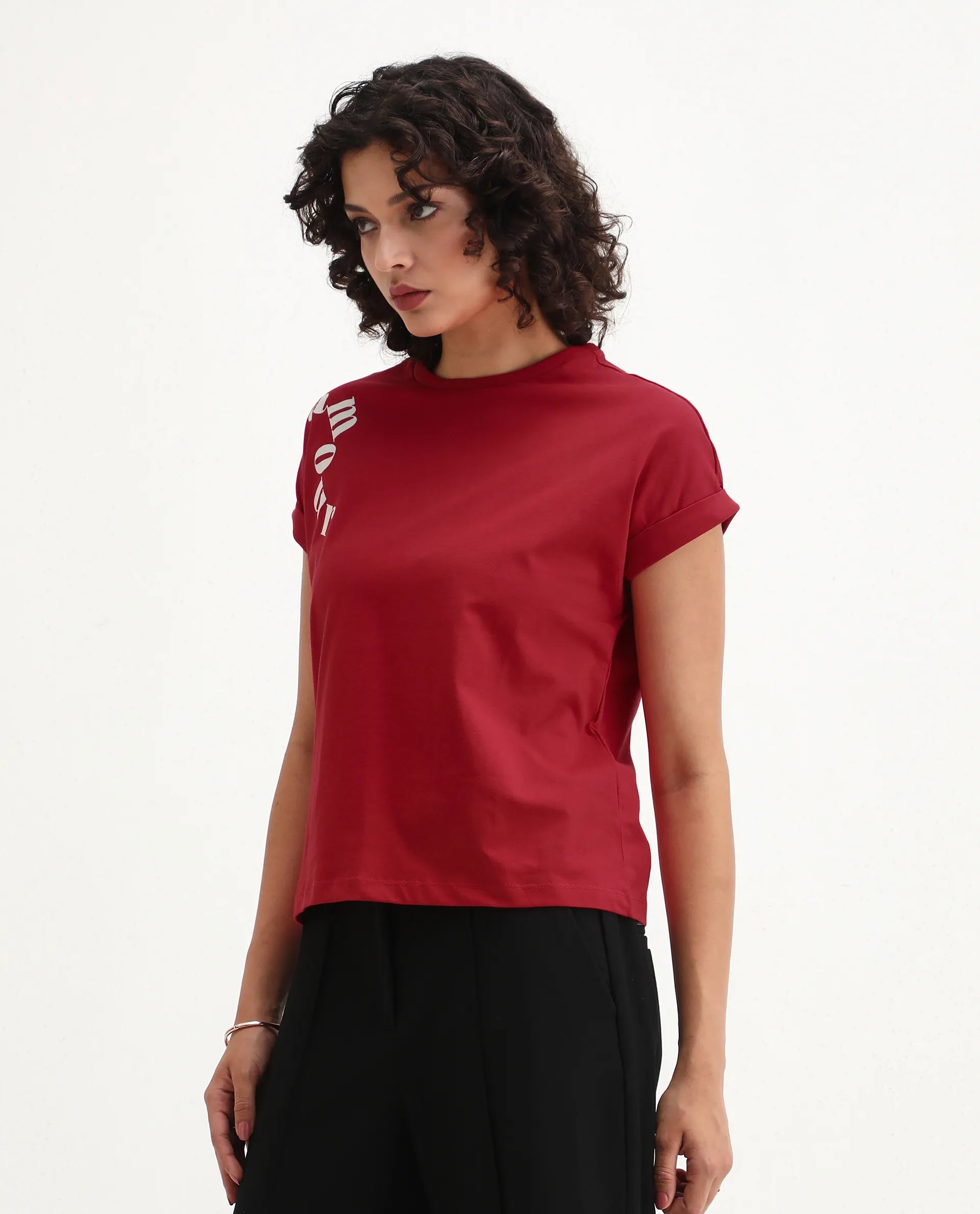 Rareism Women's Somvet Red Cotton Crew Neck Graphic Print Extended Sleeves Regular Fit T-Shirt